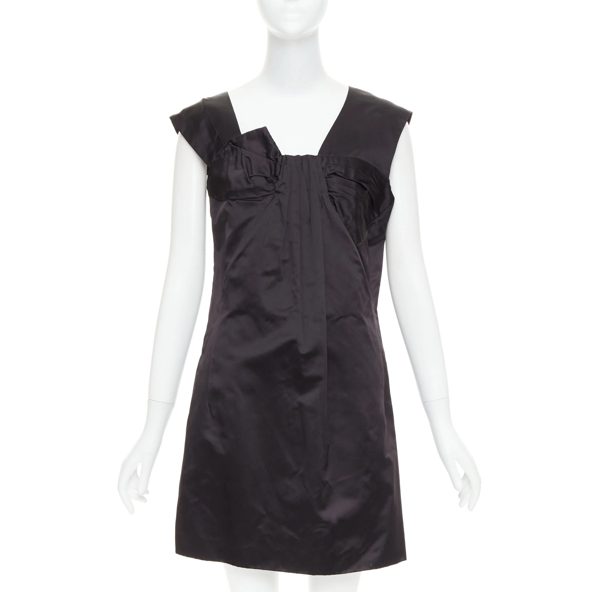 Women's MIU MIU 2009 black silk satin bow top pleated mini dress IT44 L