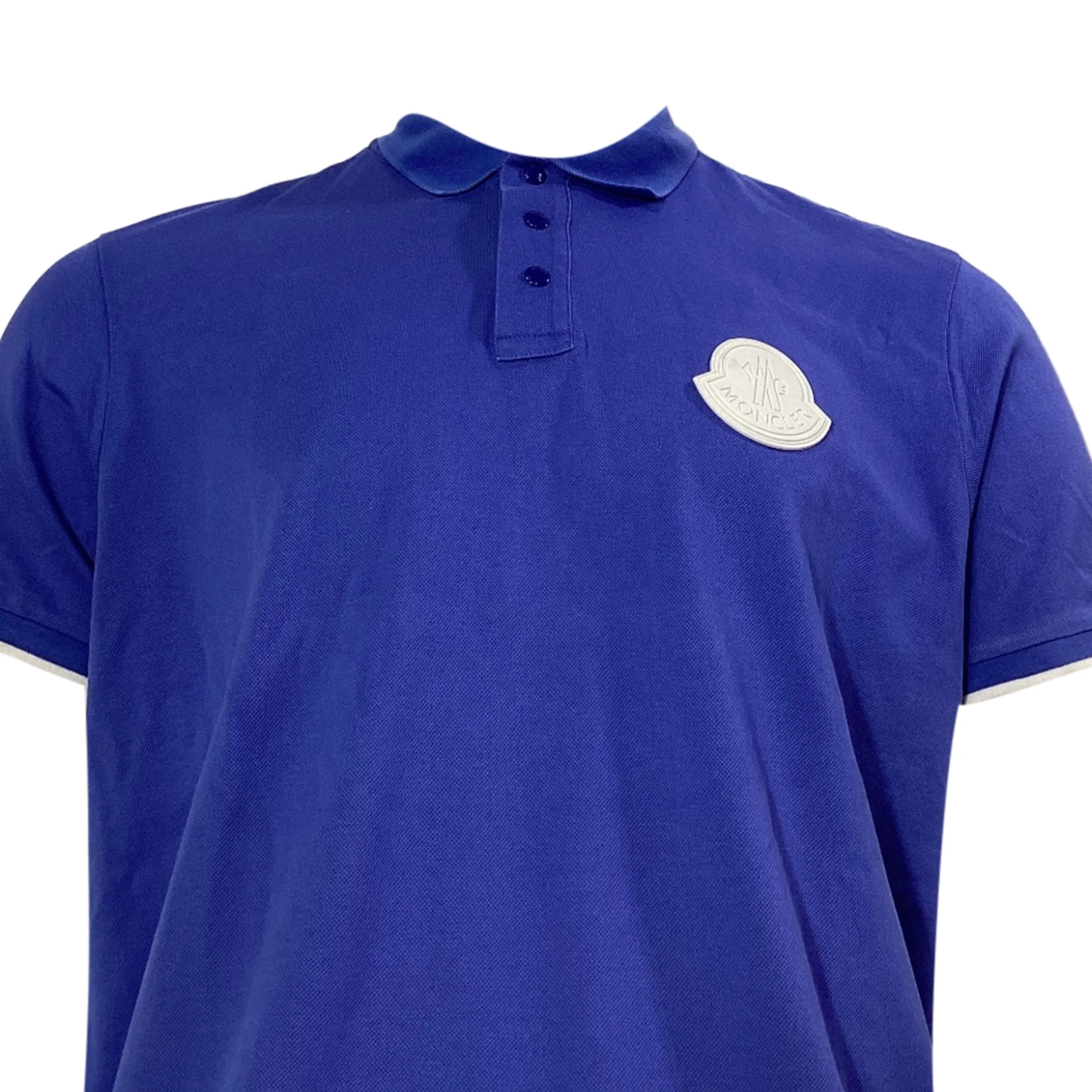 Men's Moncler Logo Patch Polo Shirt in Blue Cotton - Image 4