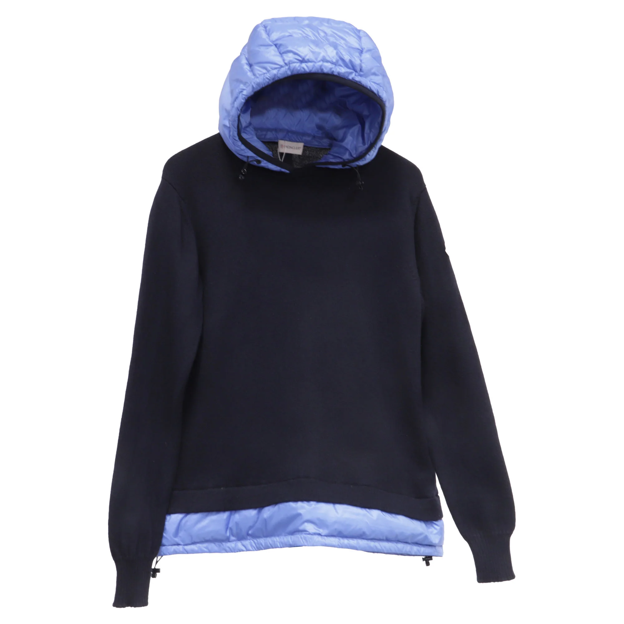 Men's Moncler Padded Accent Hooded Sweater in Navy Blue Wool and Polyamide