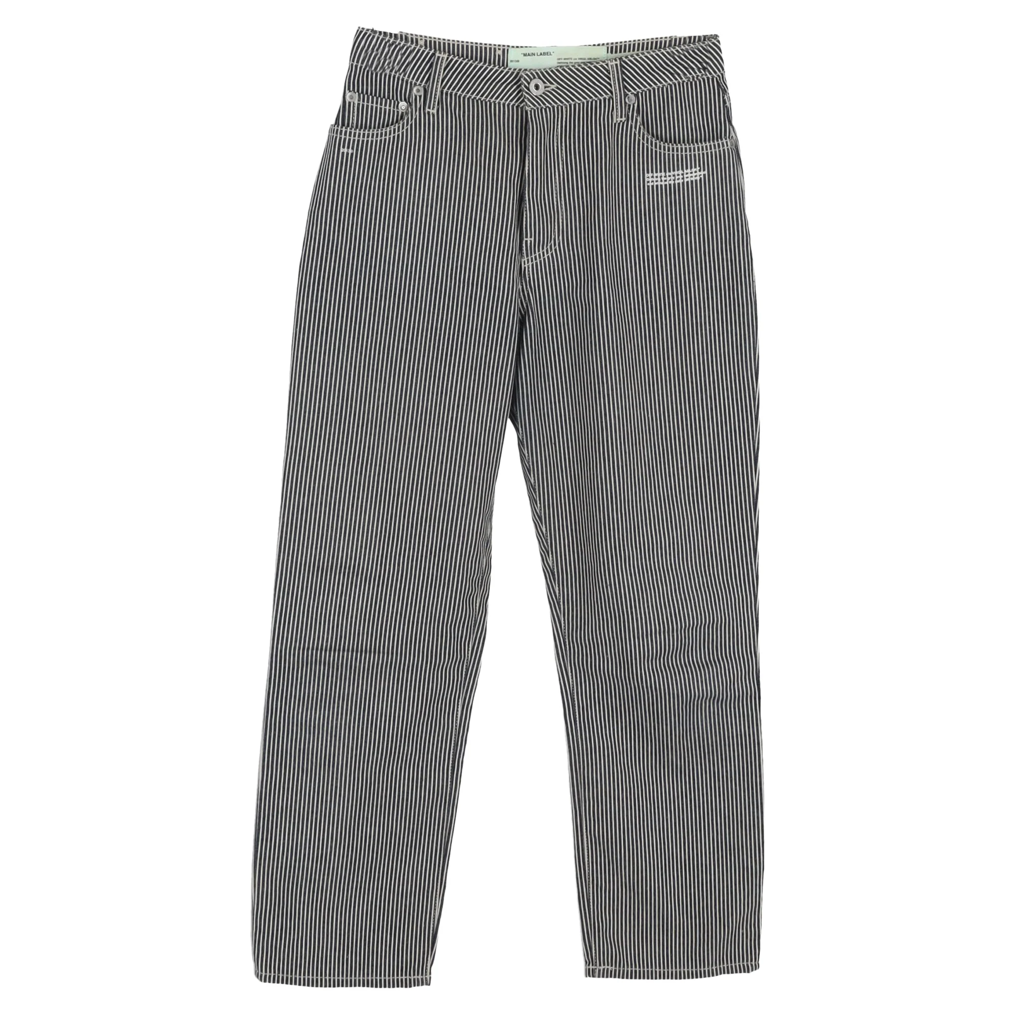 Women's Off-White Cropped Striped High Rise Straight Leg Jeans in Light Blue Cotton