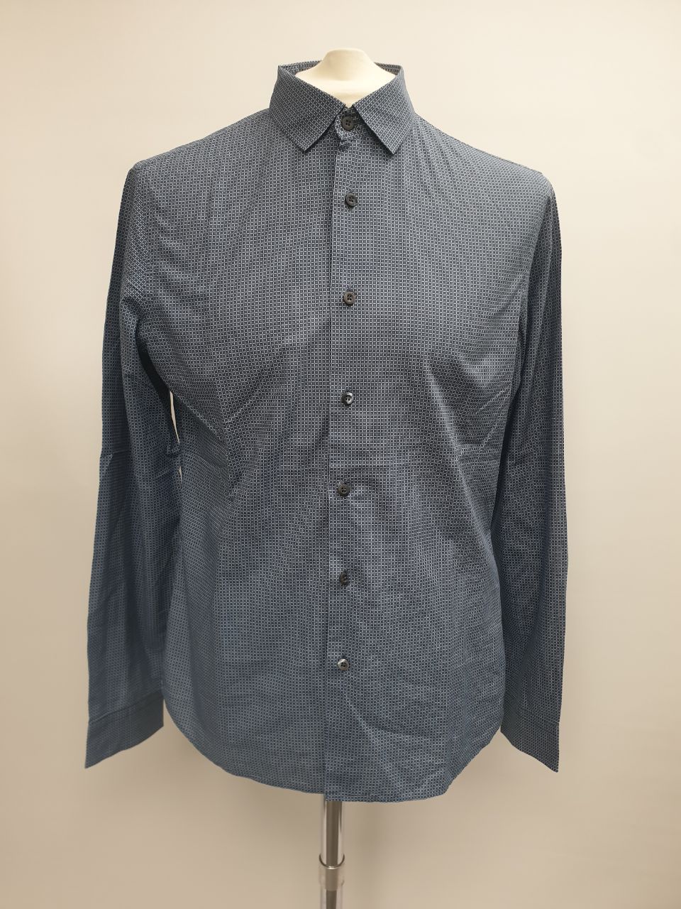 Men's  Prada Patterned Button-Down Long Sleeve Shirt in Navy Blue Cotton - Image 6