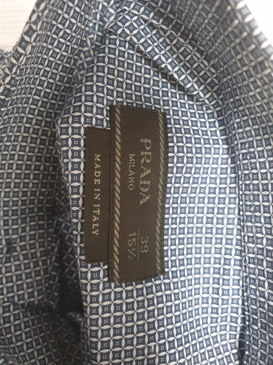 Men's  Prada Patterned Button-Down Long Sleeve Shirt in Navy Blue Cotton - Image 9