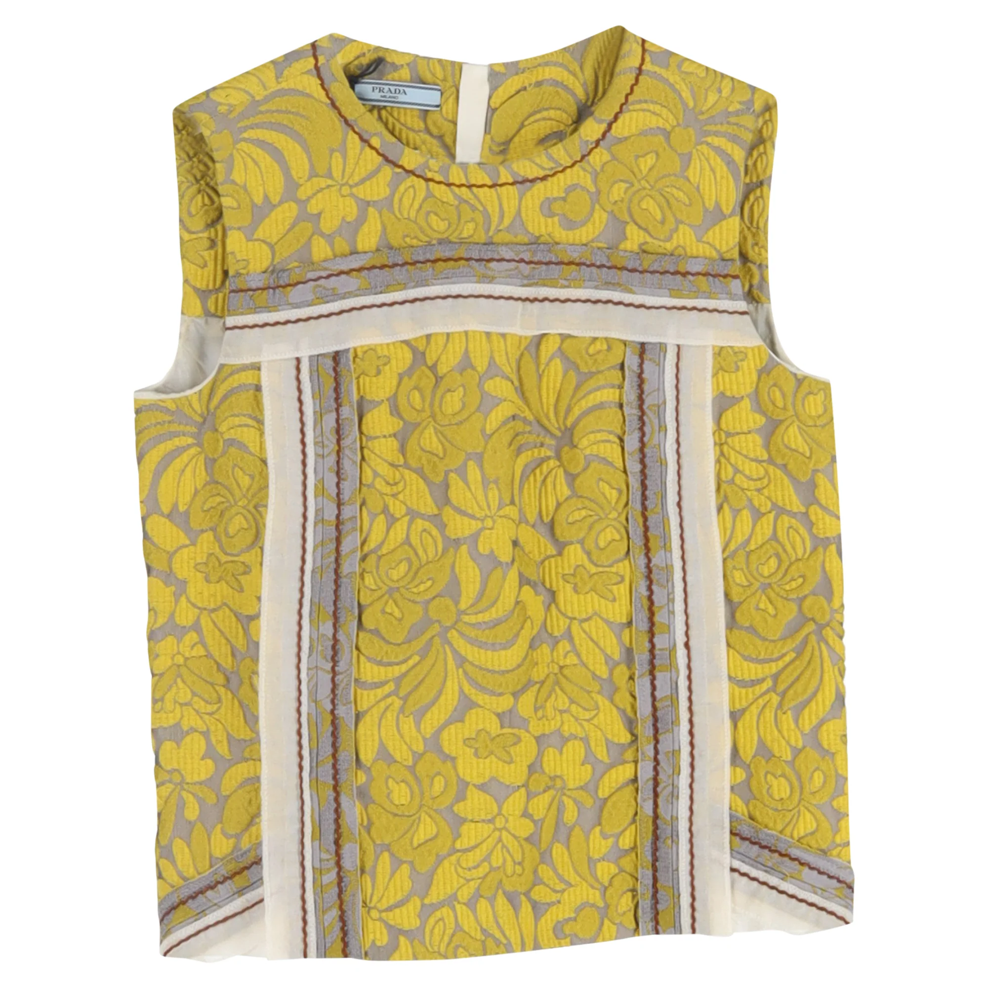 Women's Prada Floral Brocade Sleeveless Top in Yellow Cotton