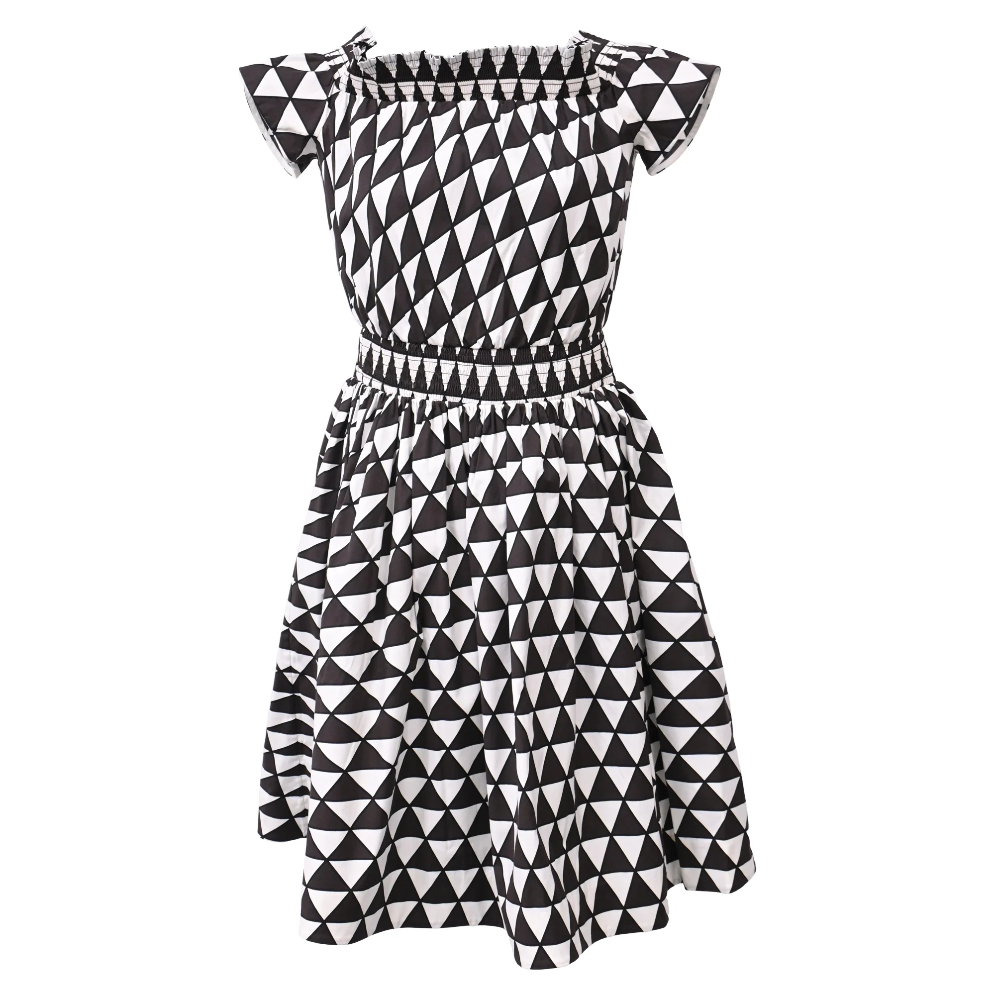 Women's Prada Geometric Print Off Shoulder Dress in Black Cotton