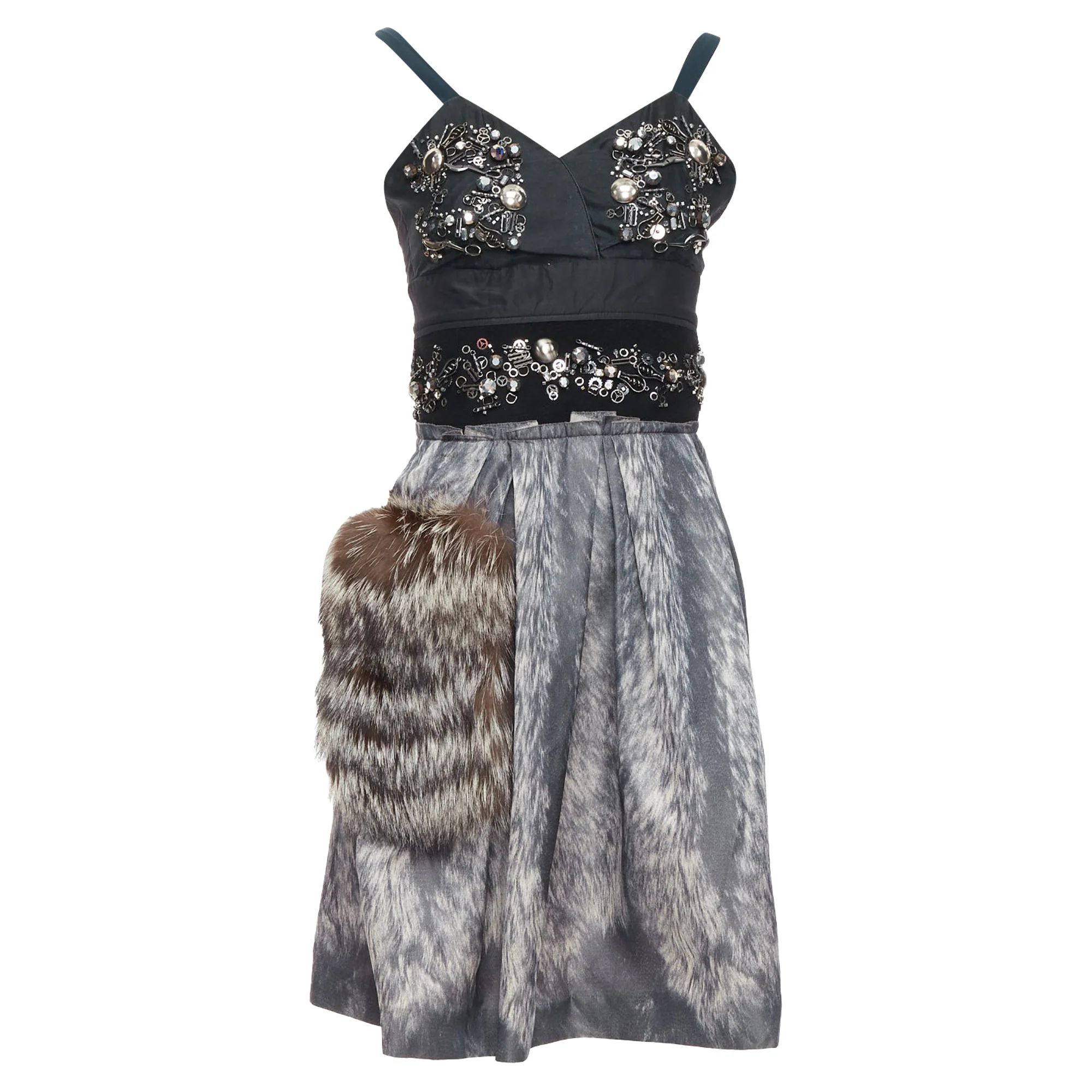 Women's Prada Runway silk fur bolts embellished dress