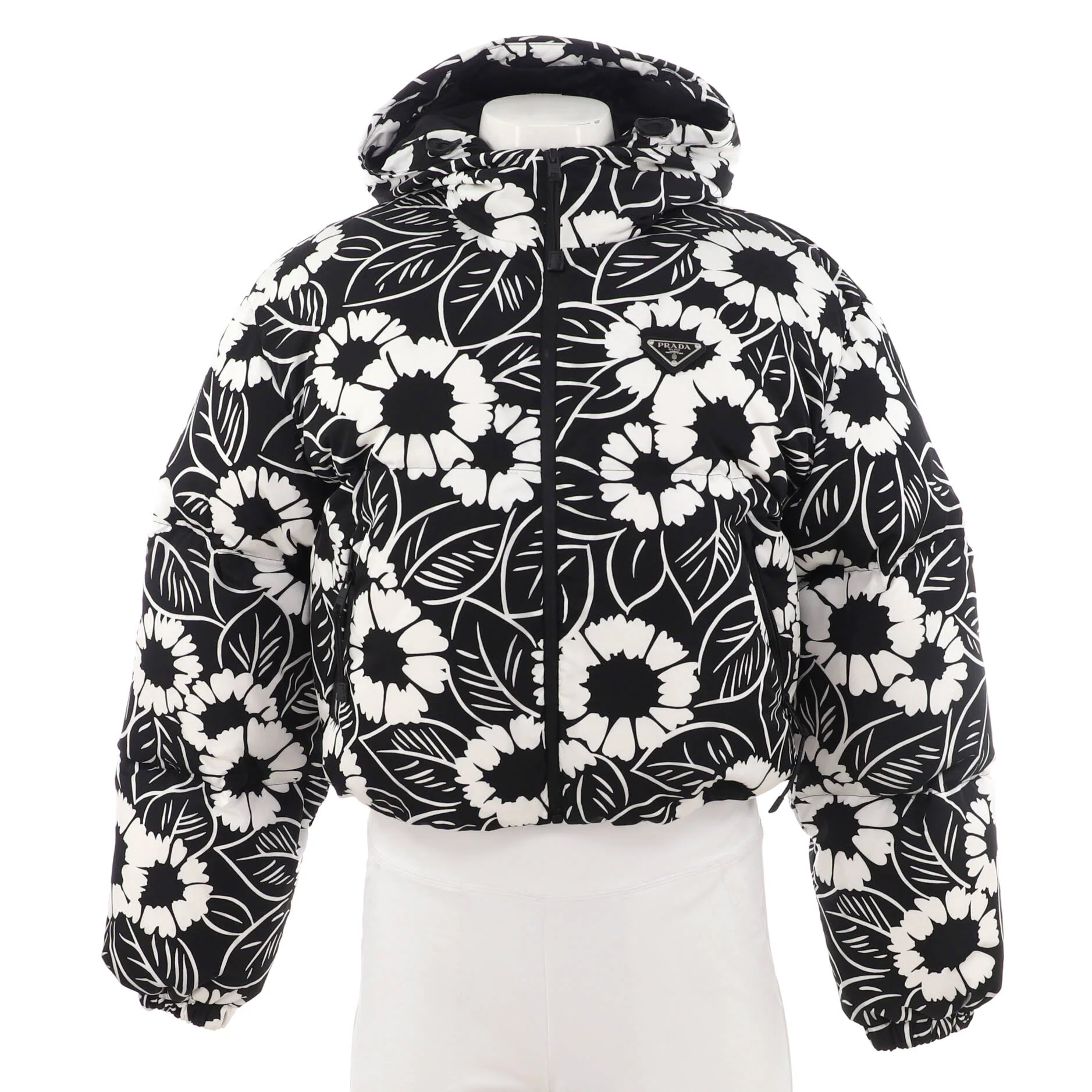 Women's Triangle Logo Hooded Puffer Jacket Printed Quilted Polyamide with Down