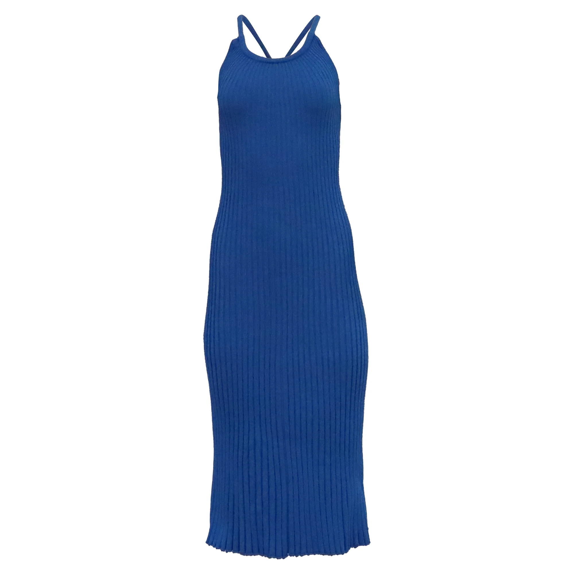 Women's Proenza Schouler Vida Ribbed-Knit Midi Dress in Blue Viscose