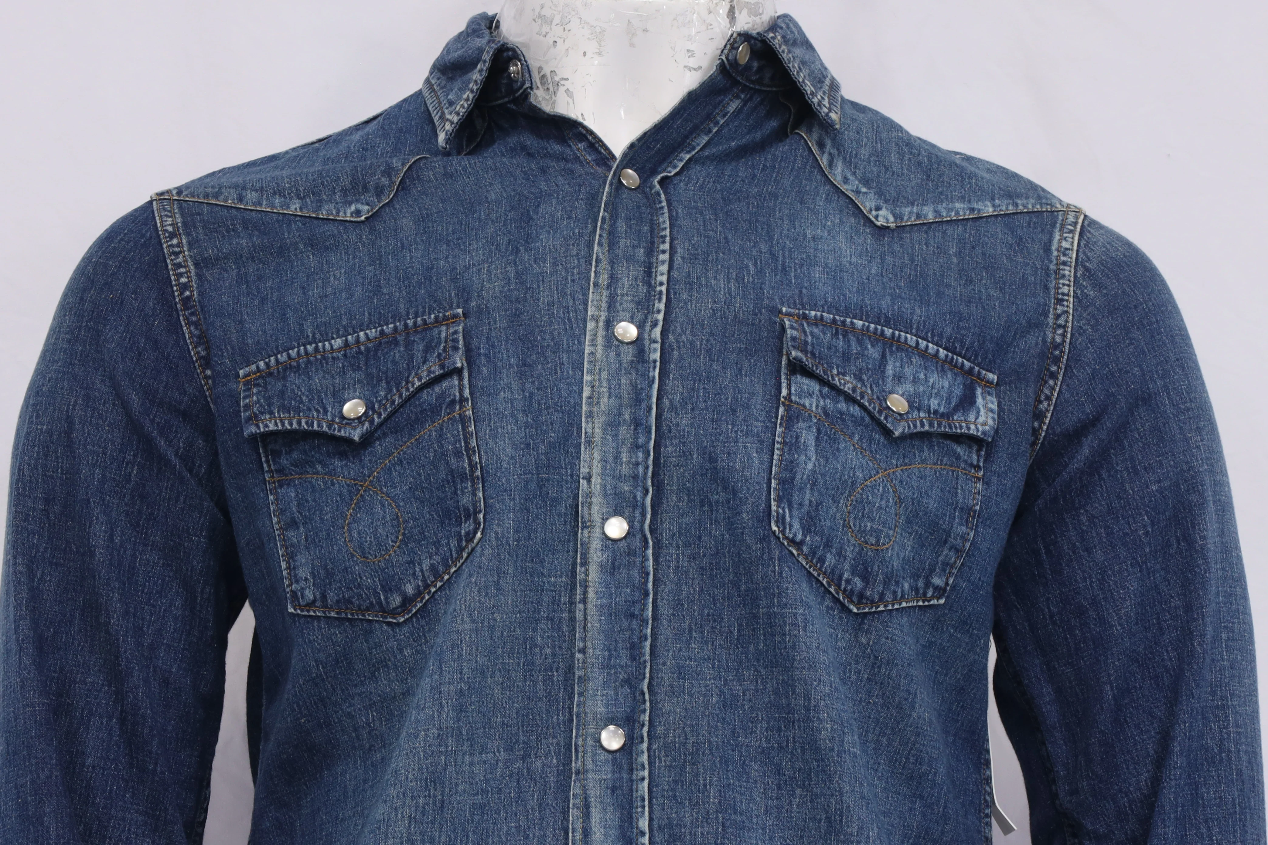 Men's Saint Laurent Buttoned Long Sleeve Shit in Blue Cotton Denim - Image 9