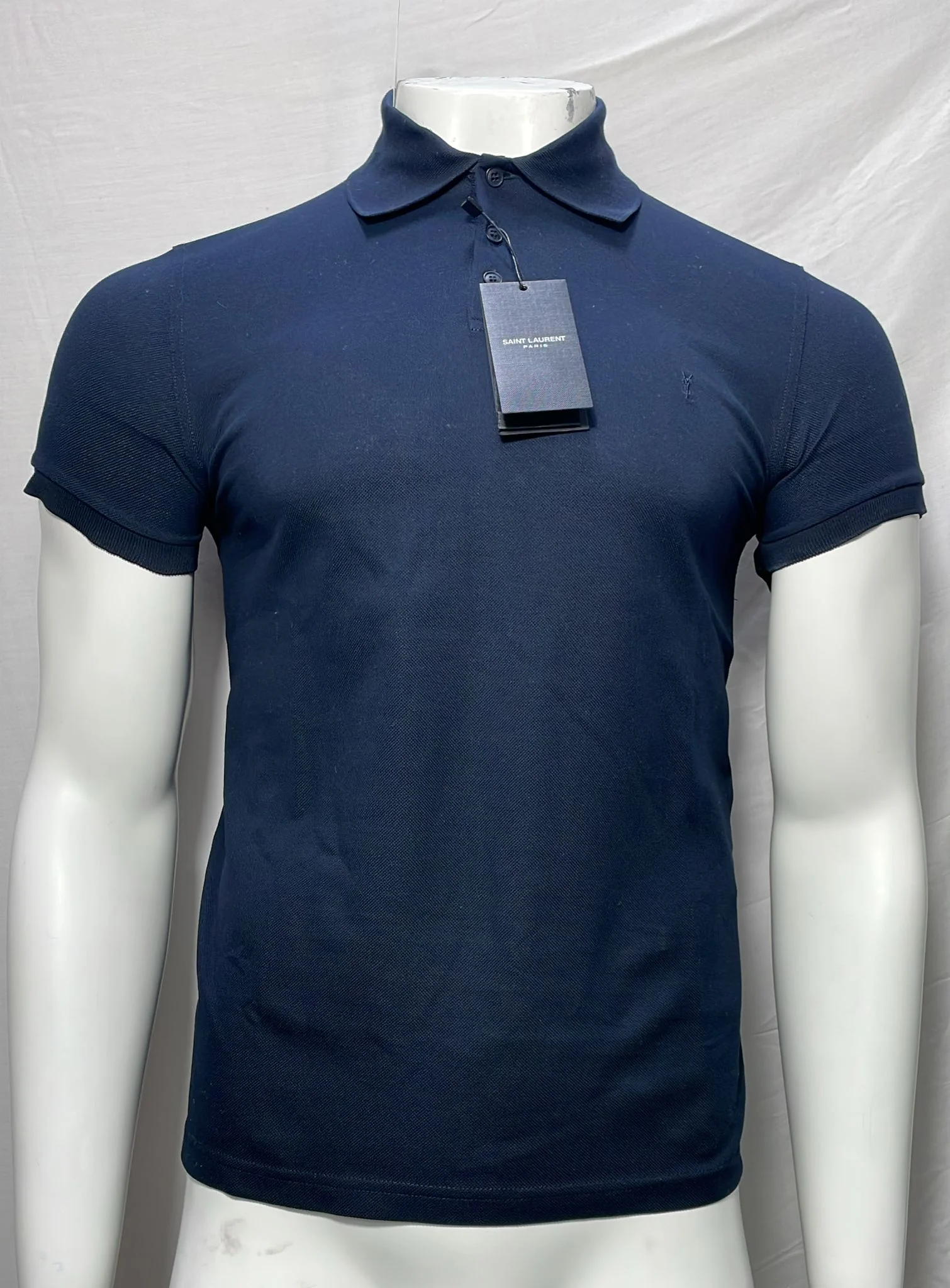 Men's Saint Laurent Cassandre Embroidered-Logo Polo Shirt in Navy Blue Cotton - Image 8