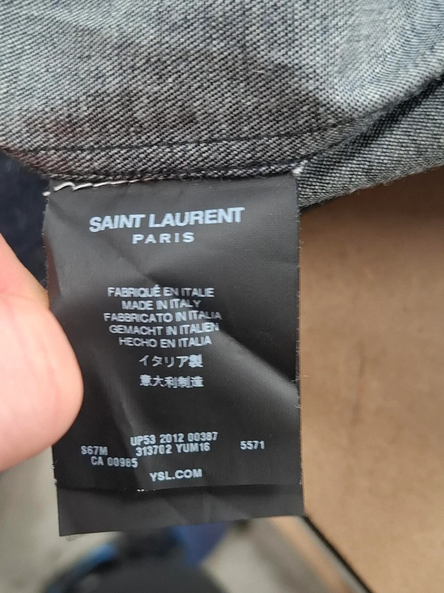 Men's Saint Laurent Leather Trim Long Sleeve Shirt in Grey Cotton Denim - Image 10
