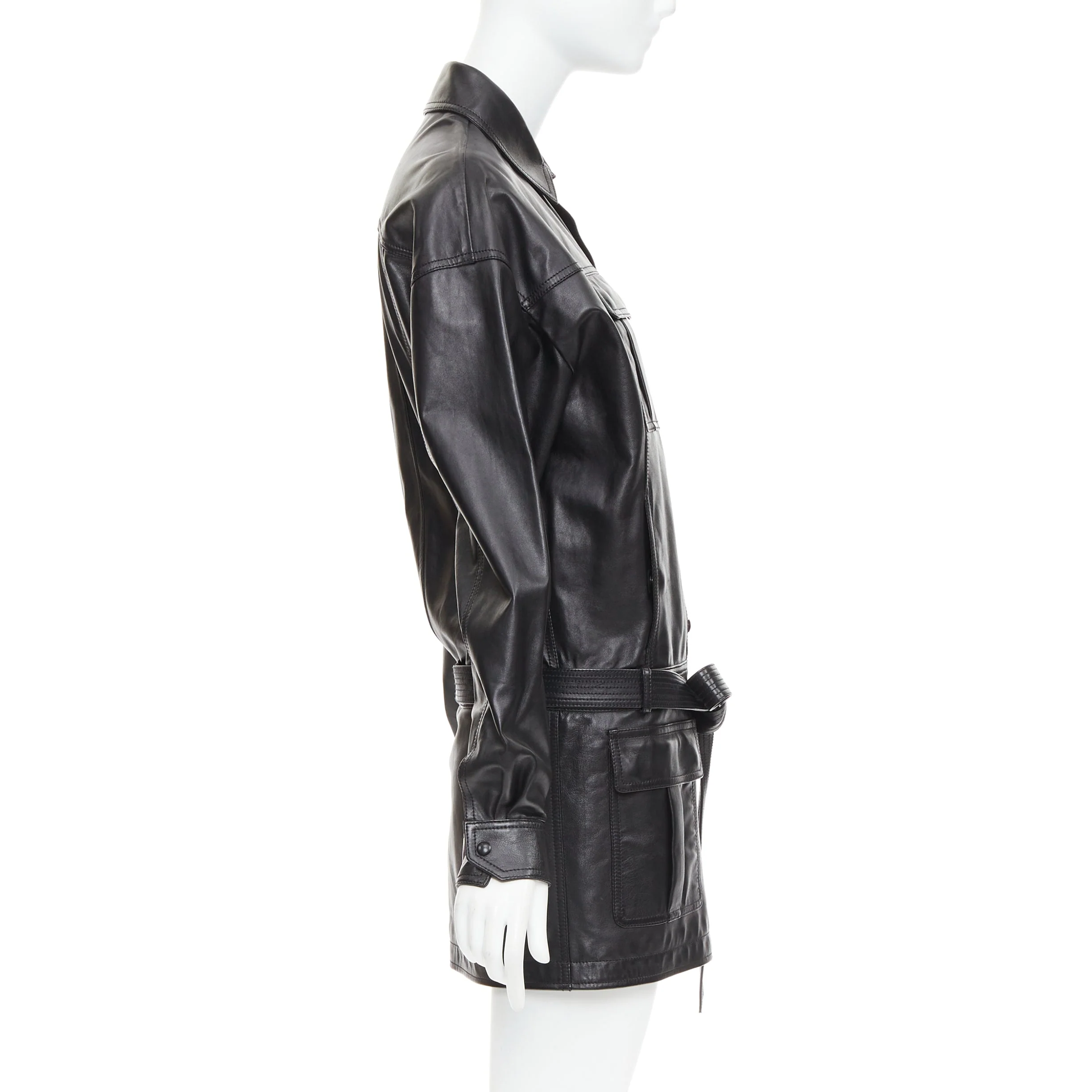 Women's SAINT LAURENT 2018 black lambskin leather low waist safari shirt dress FR36 S - Image 4