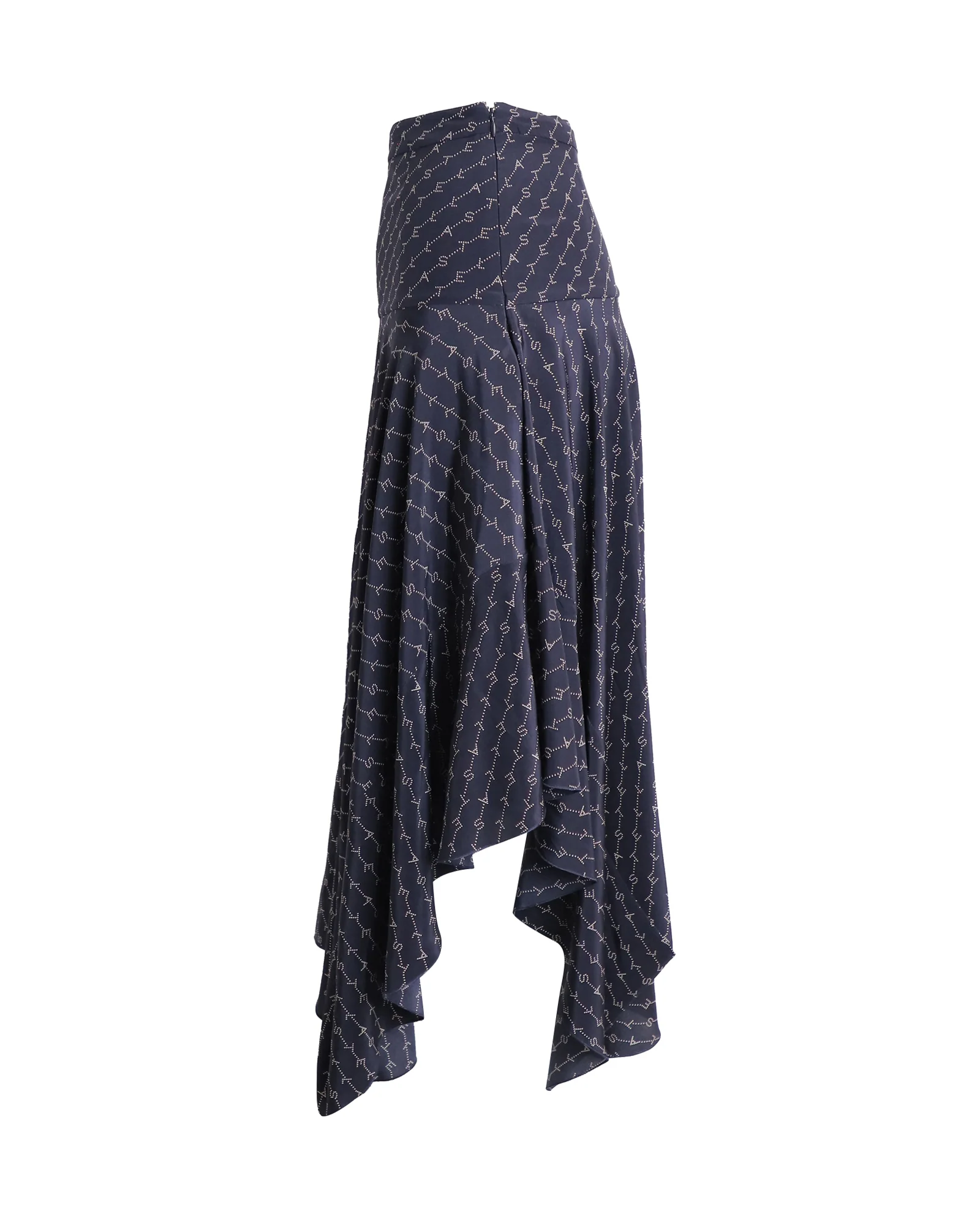 Women's Stella McCartney Logo Print Asymmetric Midi Skirt in Navy Silk - Image 2