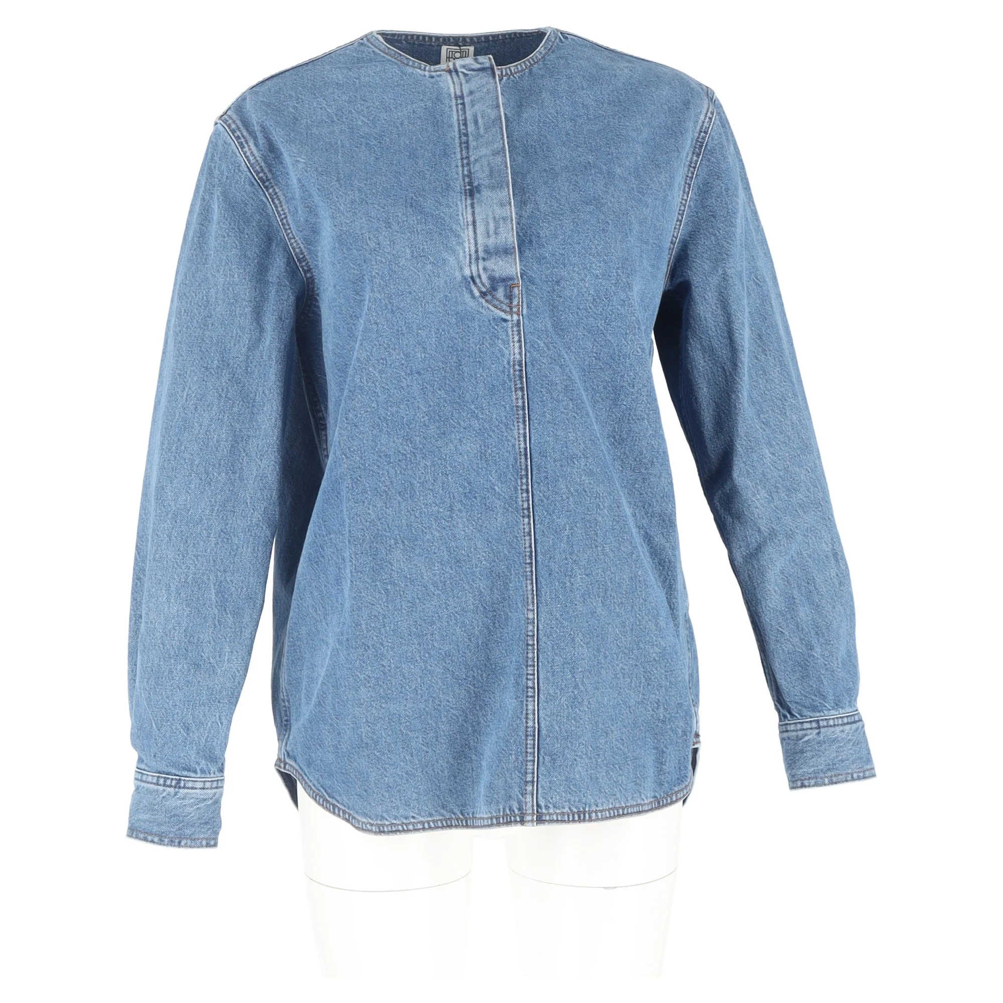 Women's Totême Collarless Blouse in Blue Denim - Image 4