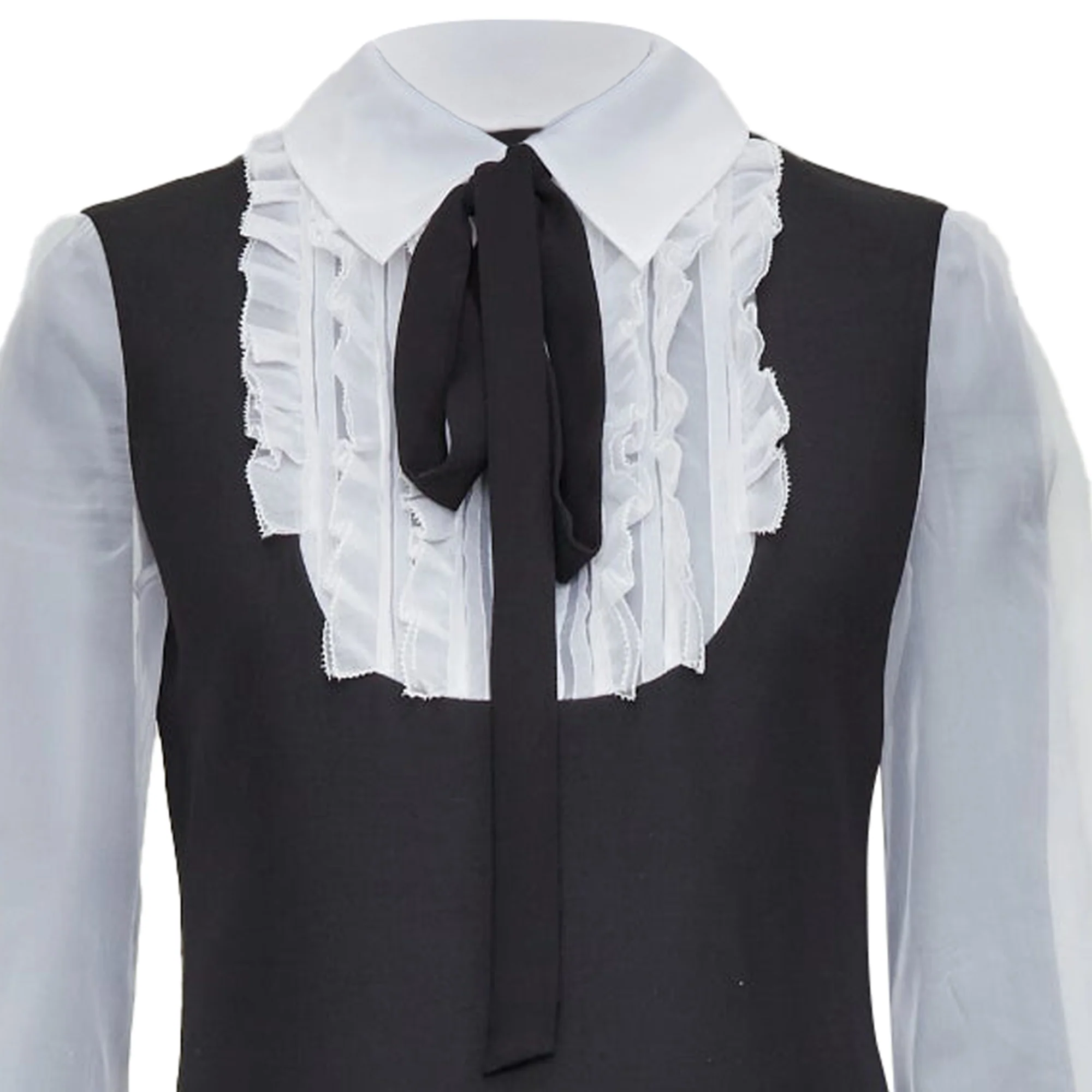 Women's VALENTINO 2022 Crepe Couture black white wool silk ruffle bib neck dress IT38 XS - Image 2