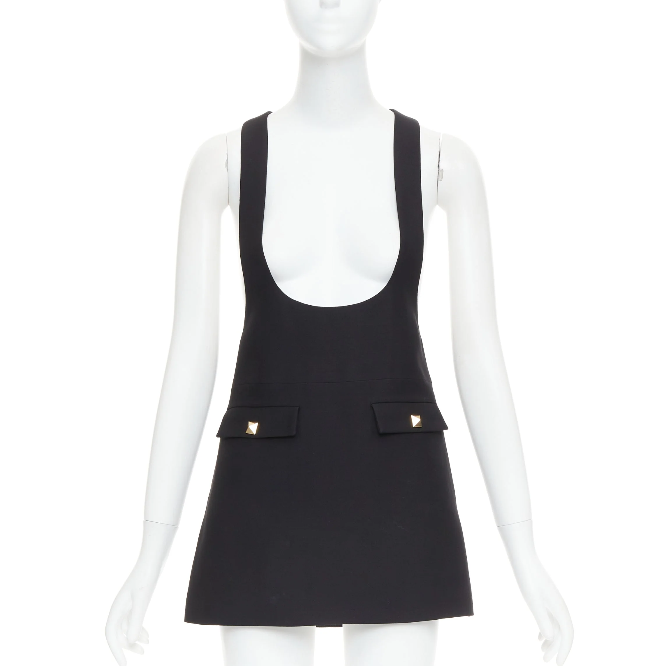 Women's VALENTINO black wool silk Rockstud pockets scoop minid ress IT38 XS