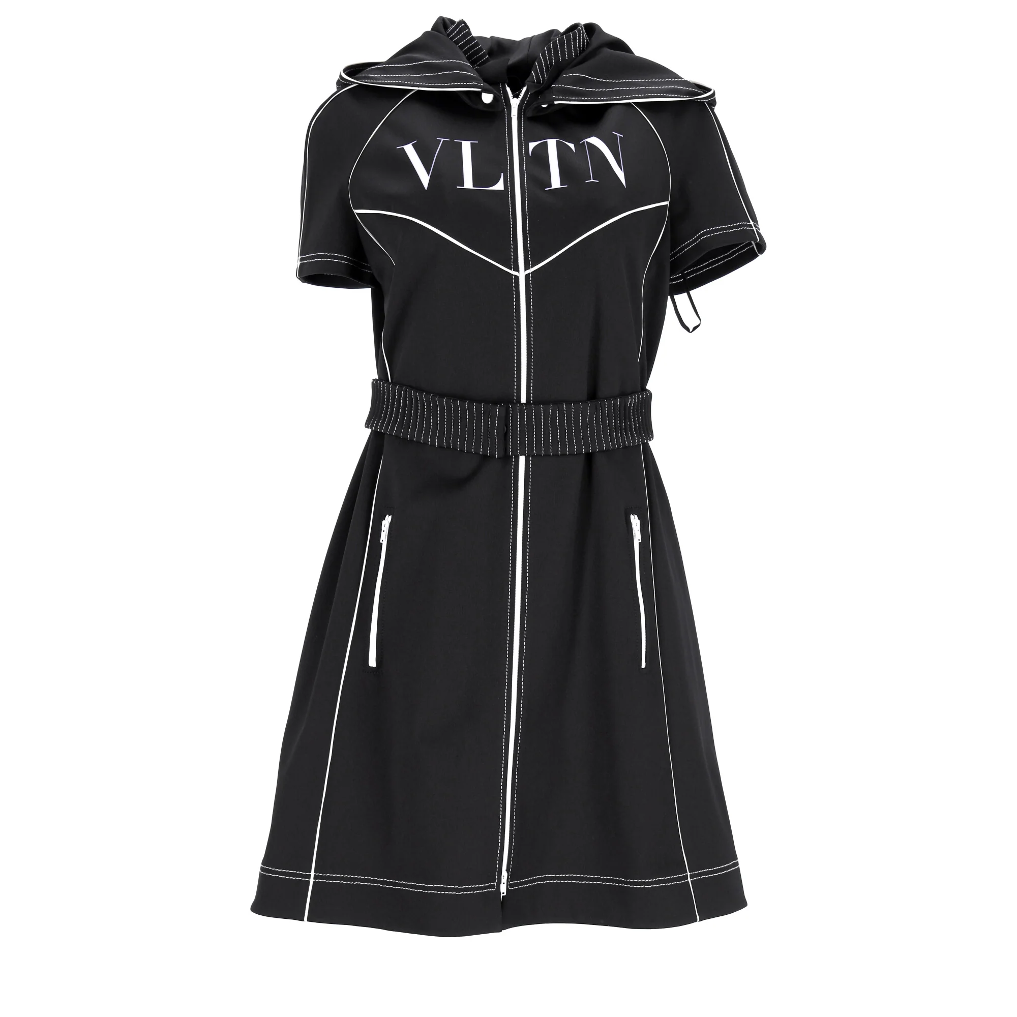 Women's Valentino Garavani VLTN Belted Zipped Mini Dress with Hood in Black Polyester - Image 6