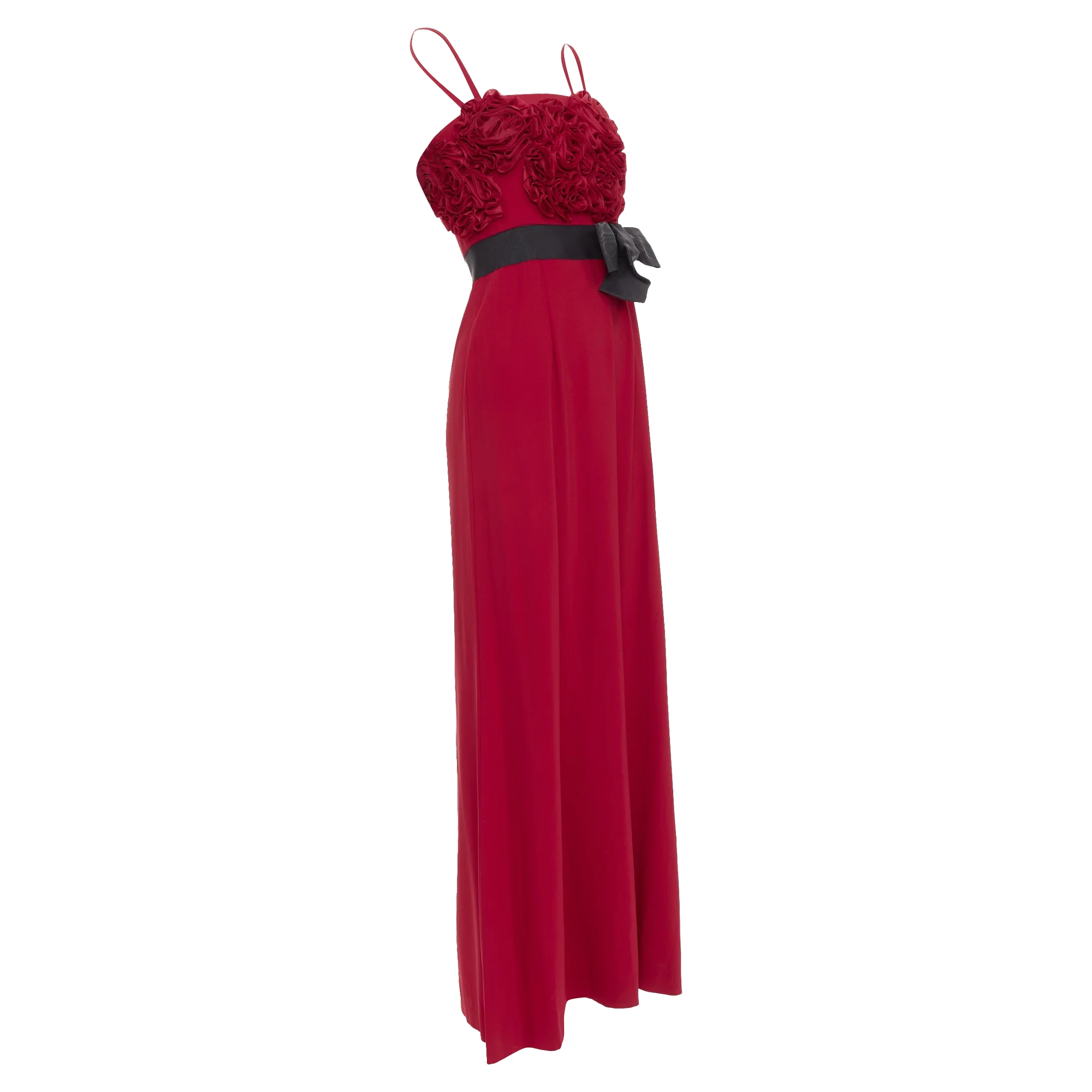 Women's VALENTINO red Rosette ruffle boned bust black bow belt midi gown IT40 S - Image 3