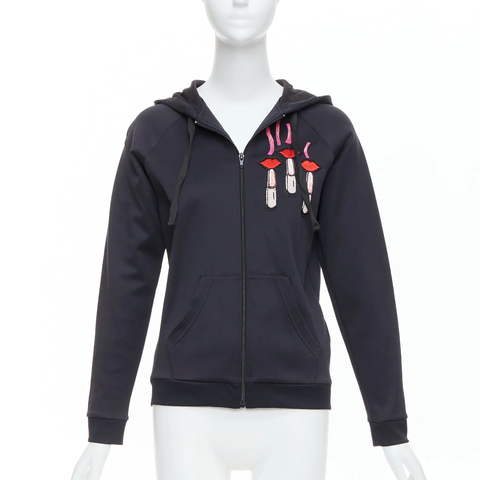 Women's Valentino Red velvet lipstick beaded applique hoodie - Image 9
