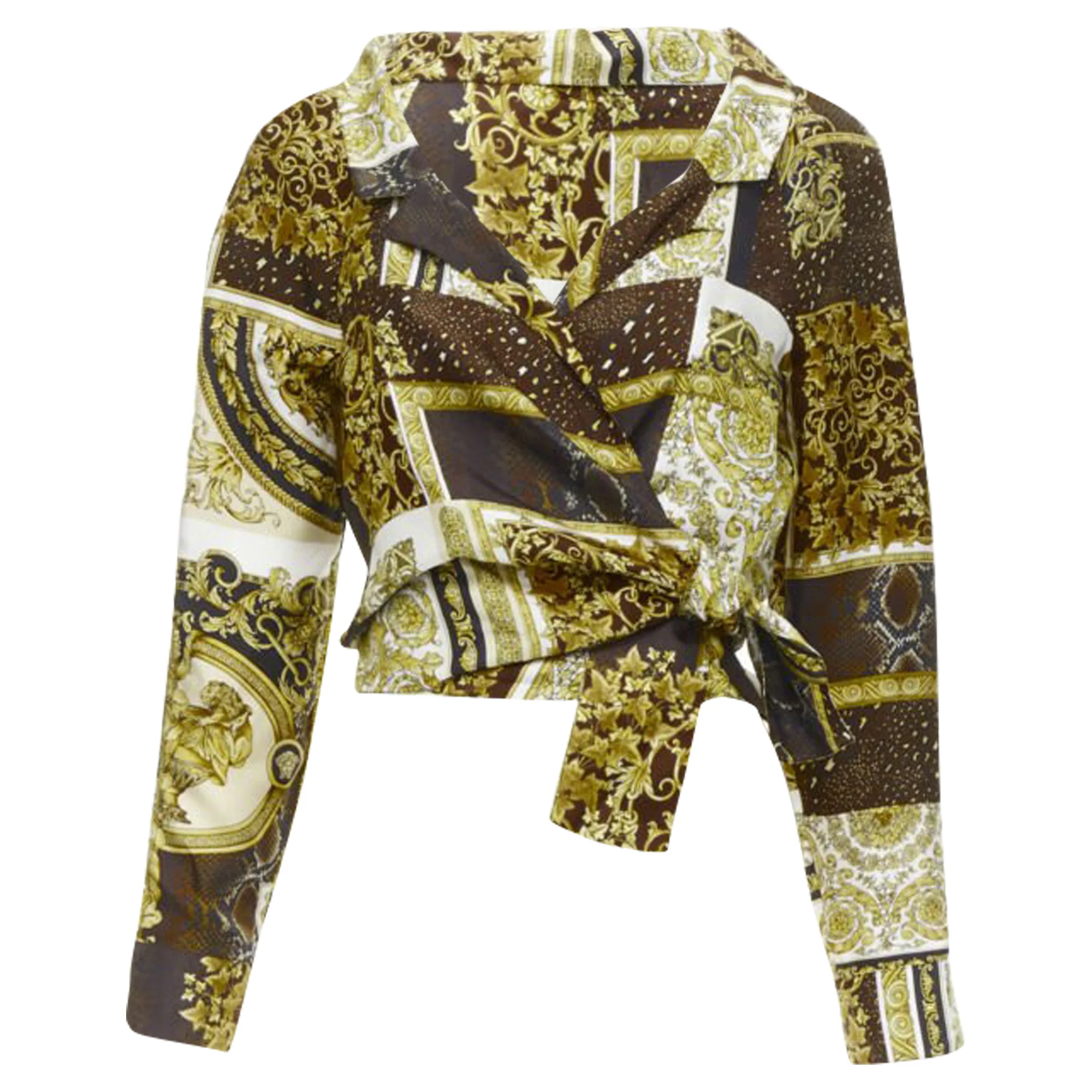 Women's Versace Mosaic Barocco silk print wrap tie cropped shirt