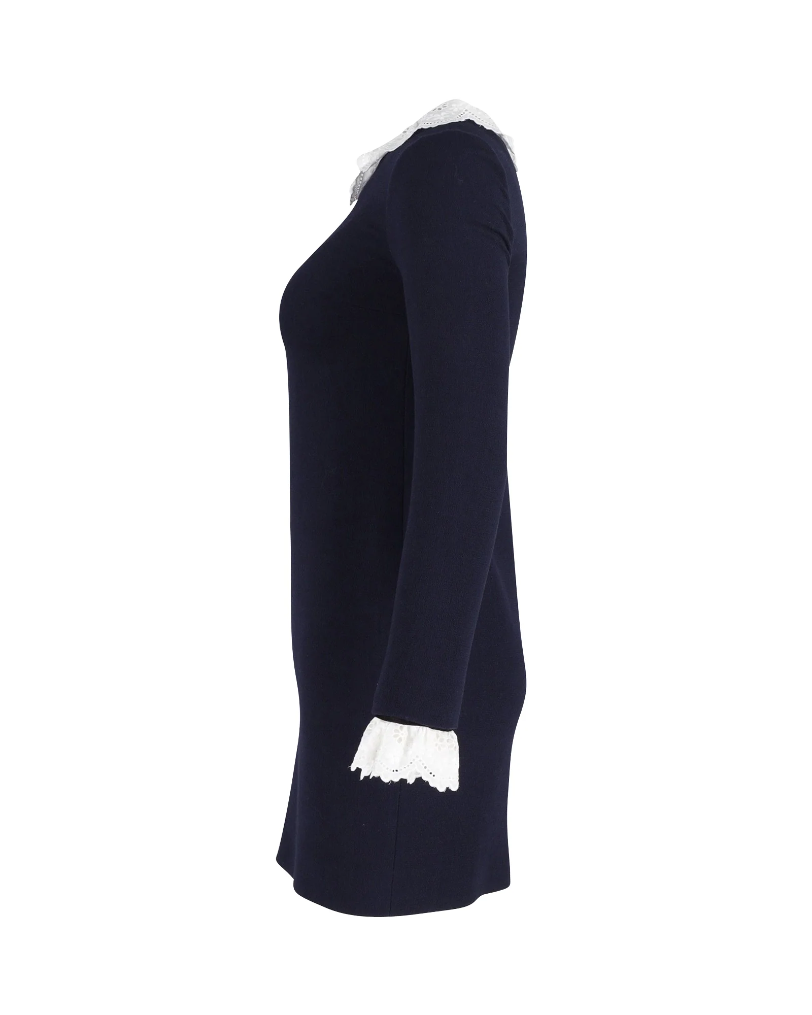 Women's Victoria Beckham Broderie Anglaise-trimmed Mini Shift Dress in Navy Blue Wool - Image 2