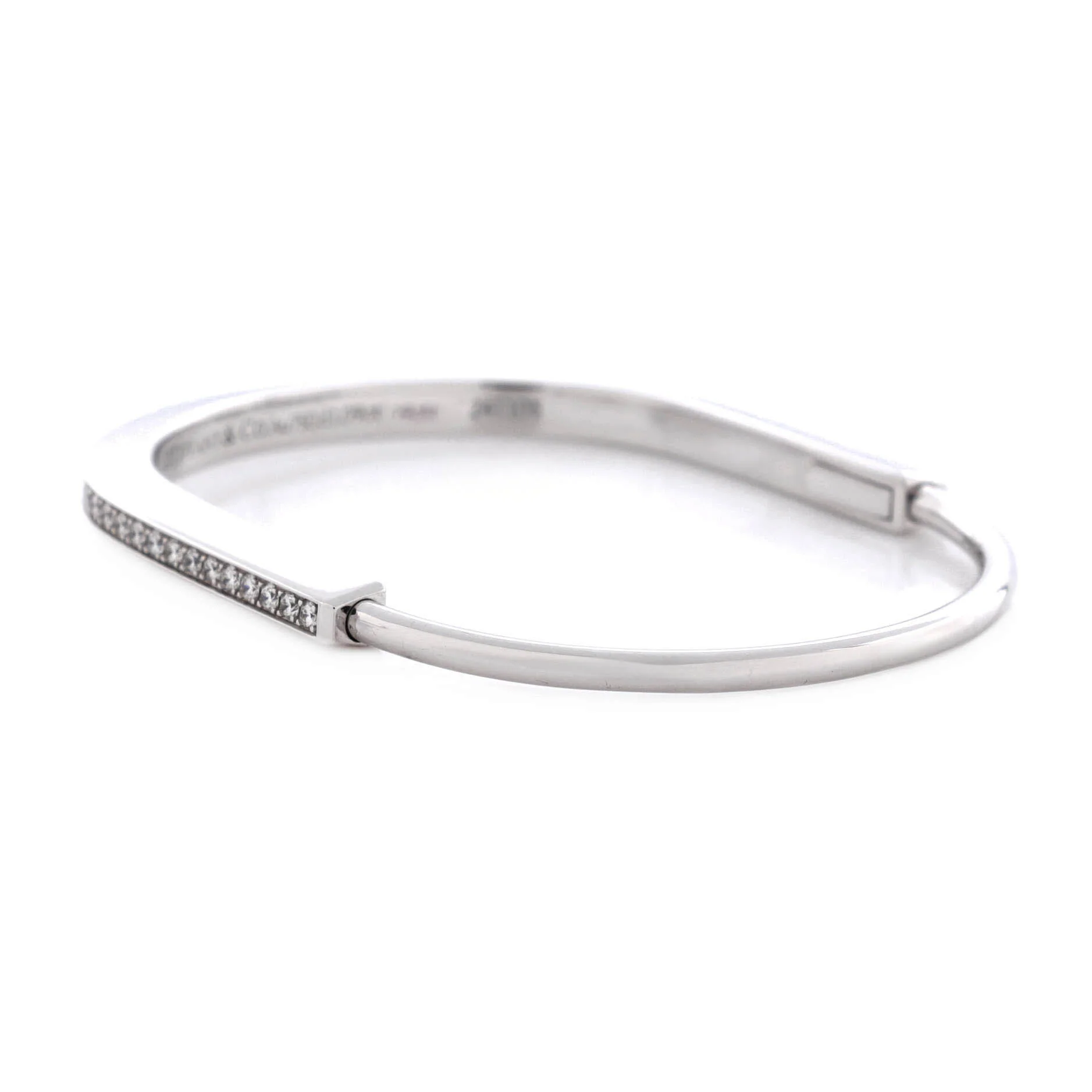 Lock Bangle Bracelet 18K White Gold with Half Pave Diamonds Narrow - Image 2