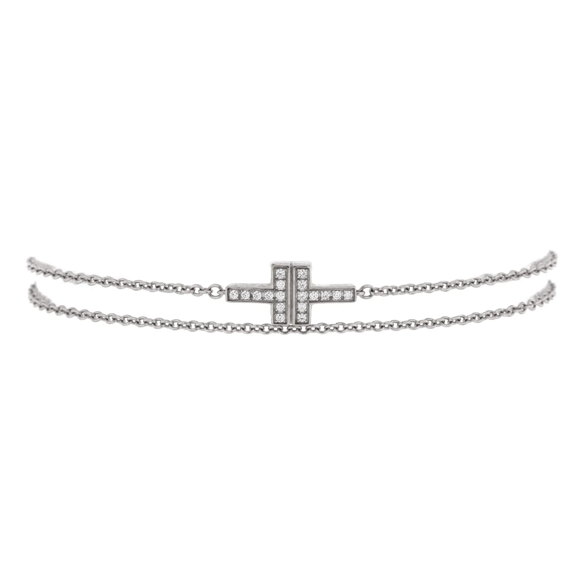T Double Chain Bracelet 18K White Gold and Diamonds Small