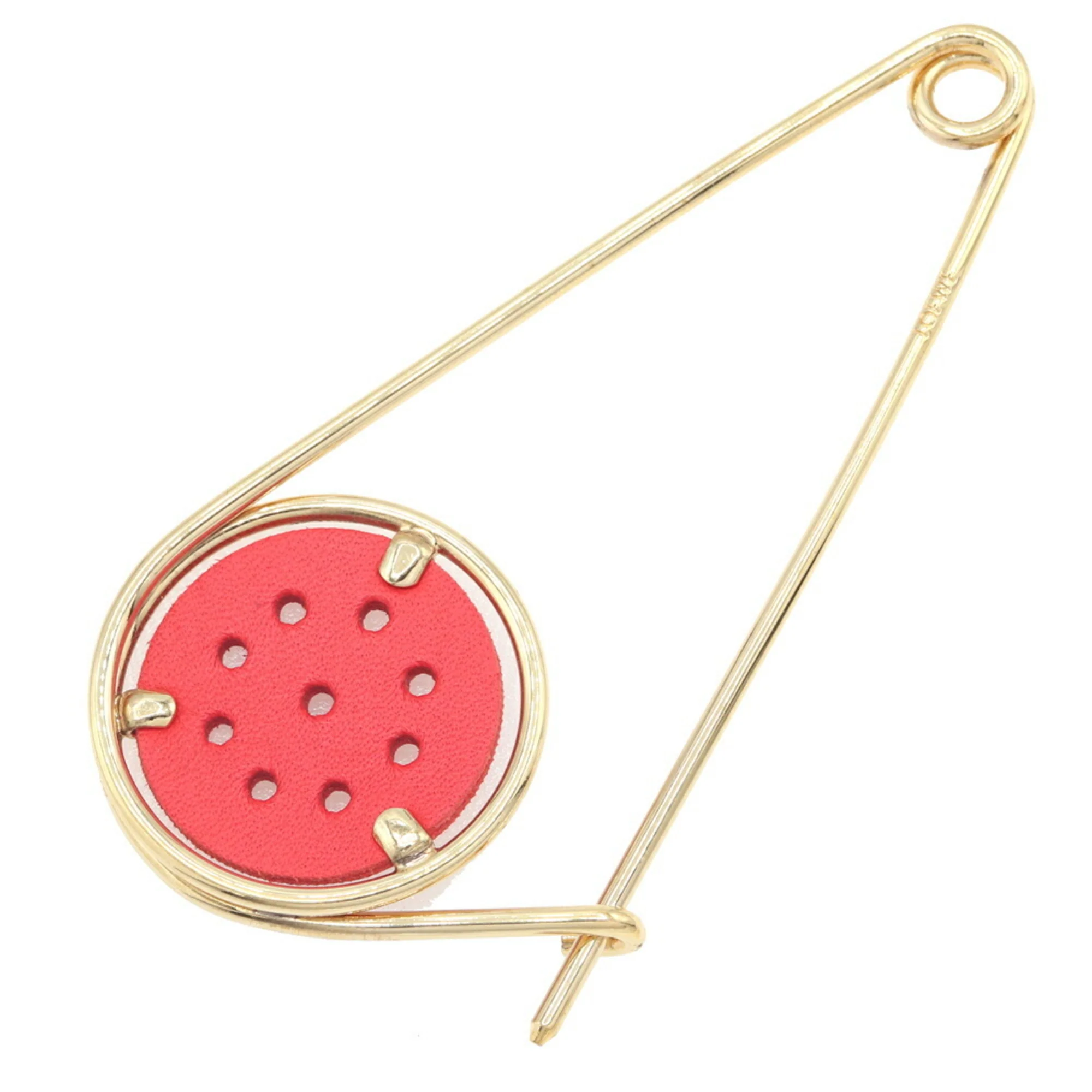 Meccano Pin Brooch Red Gold Leather and Metal Small