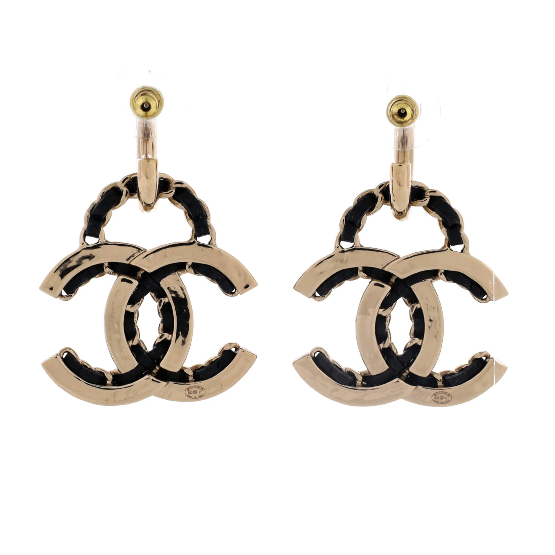 Woven Chain CC Drop Earrings Metal and Leather - Image 2
