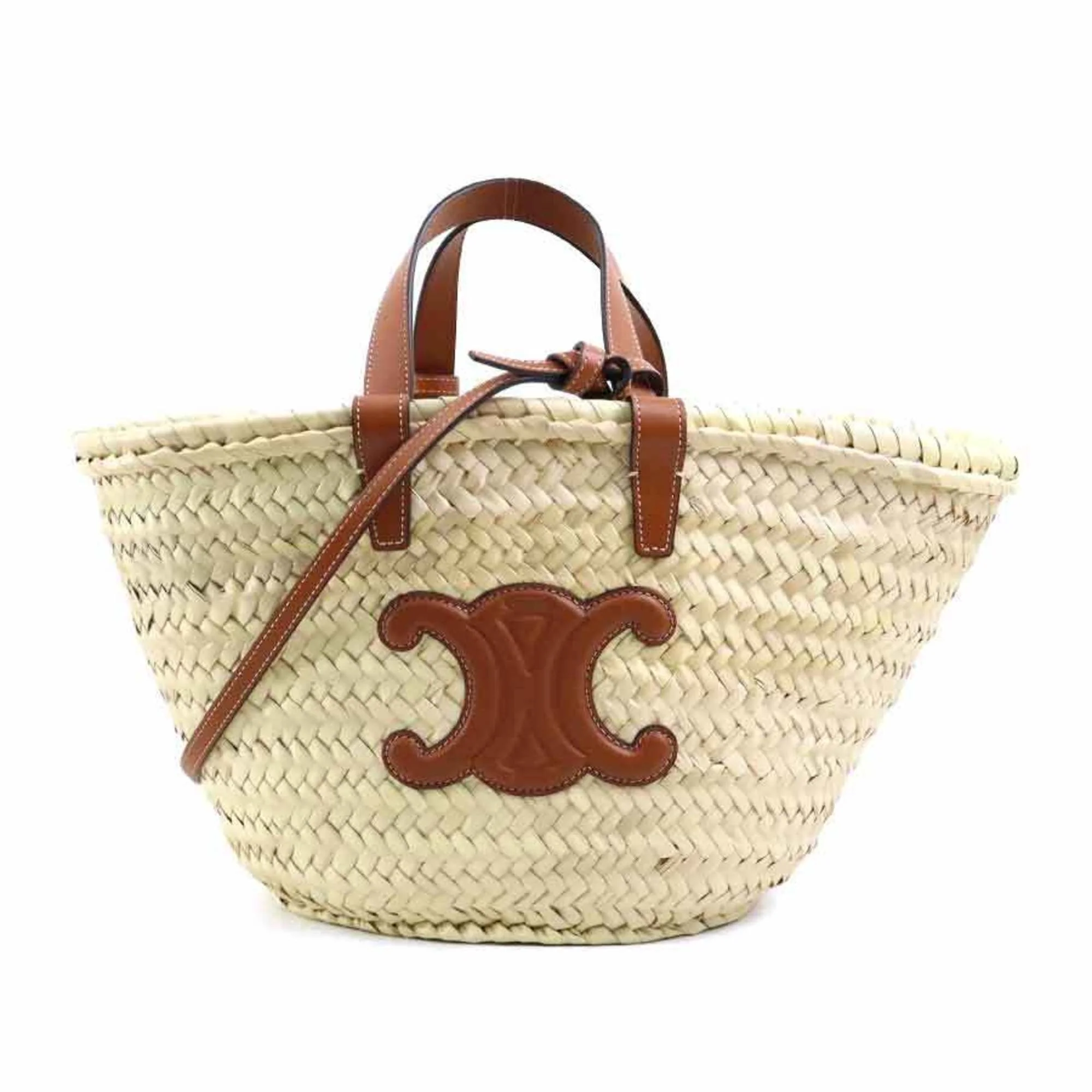 Triomphe Basket Shoulder Bag Raffia with Leather Large