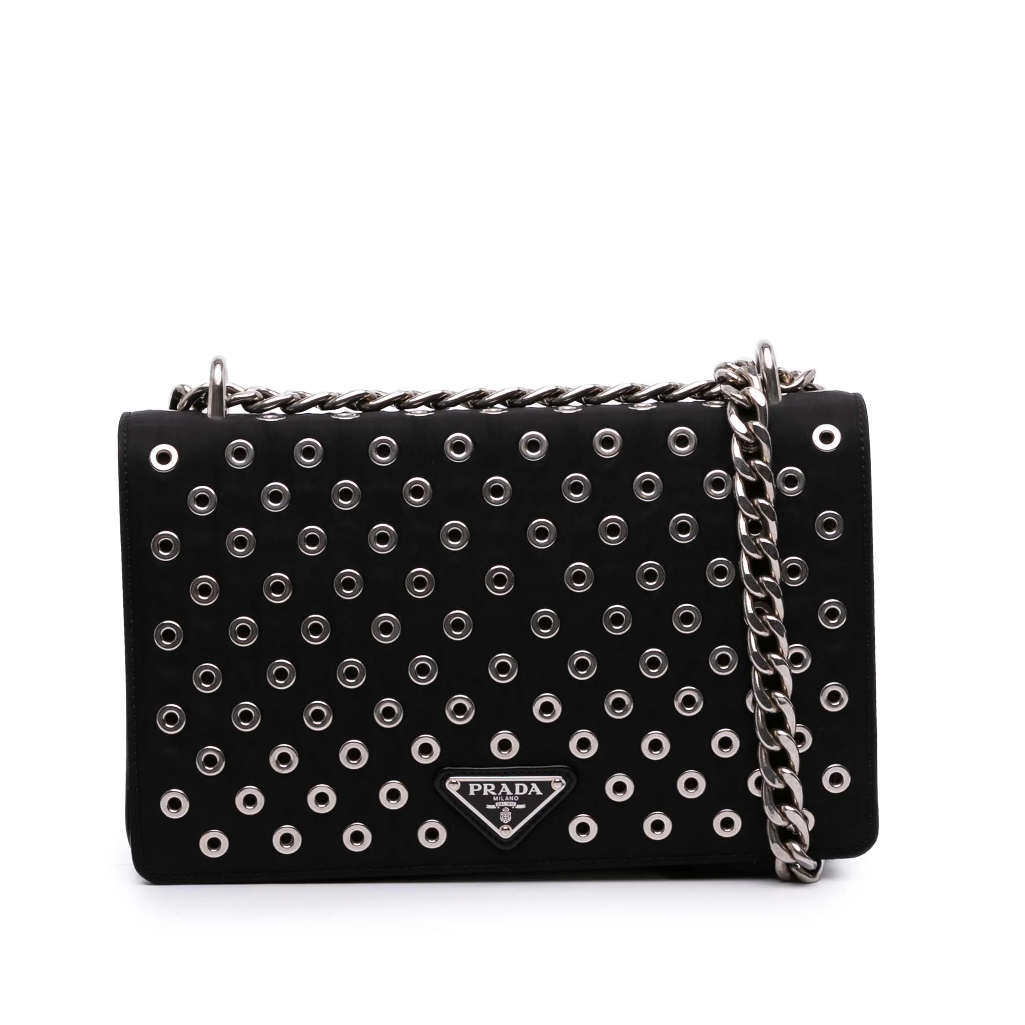 Grommet Chain Flap Shoulder Bag Tessuto with Soft Calf Medium