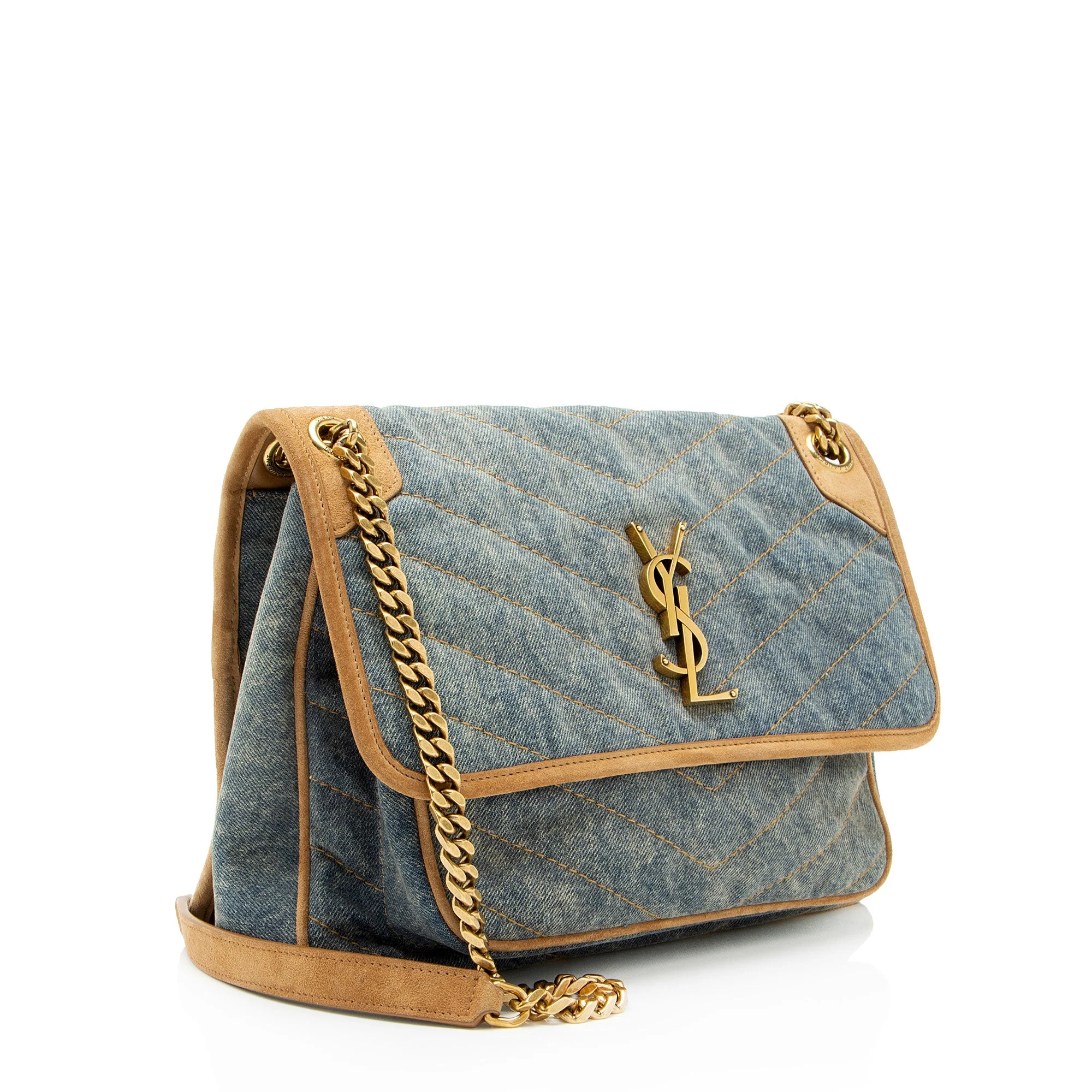Niki Chain Flap Bag Matelasse Chevron Denim with Suede Medium - Image 2