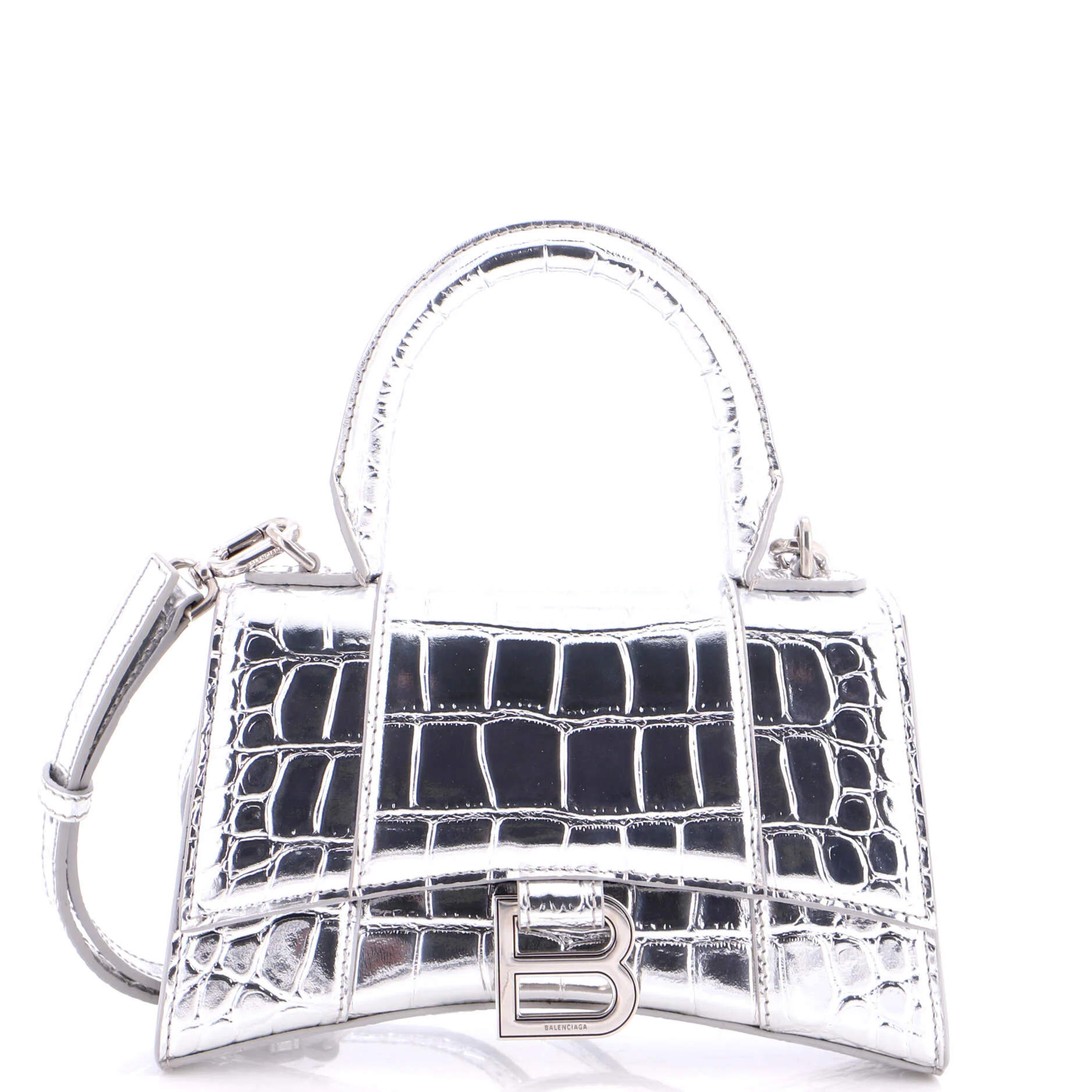 Hourglass Top Handle Bag Crocodile Embossed Leather XS