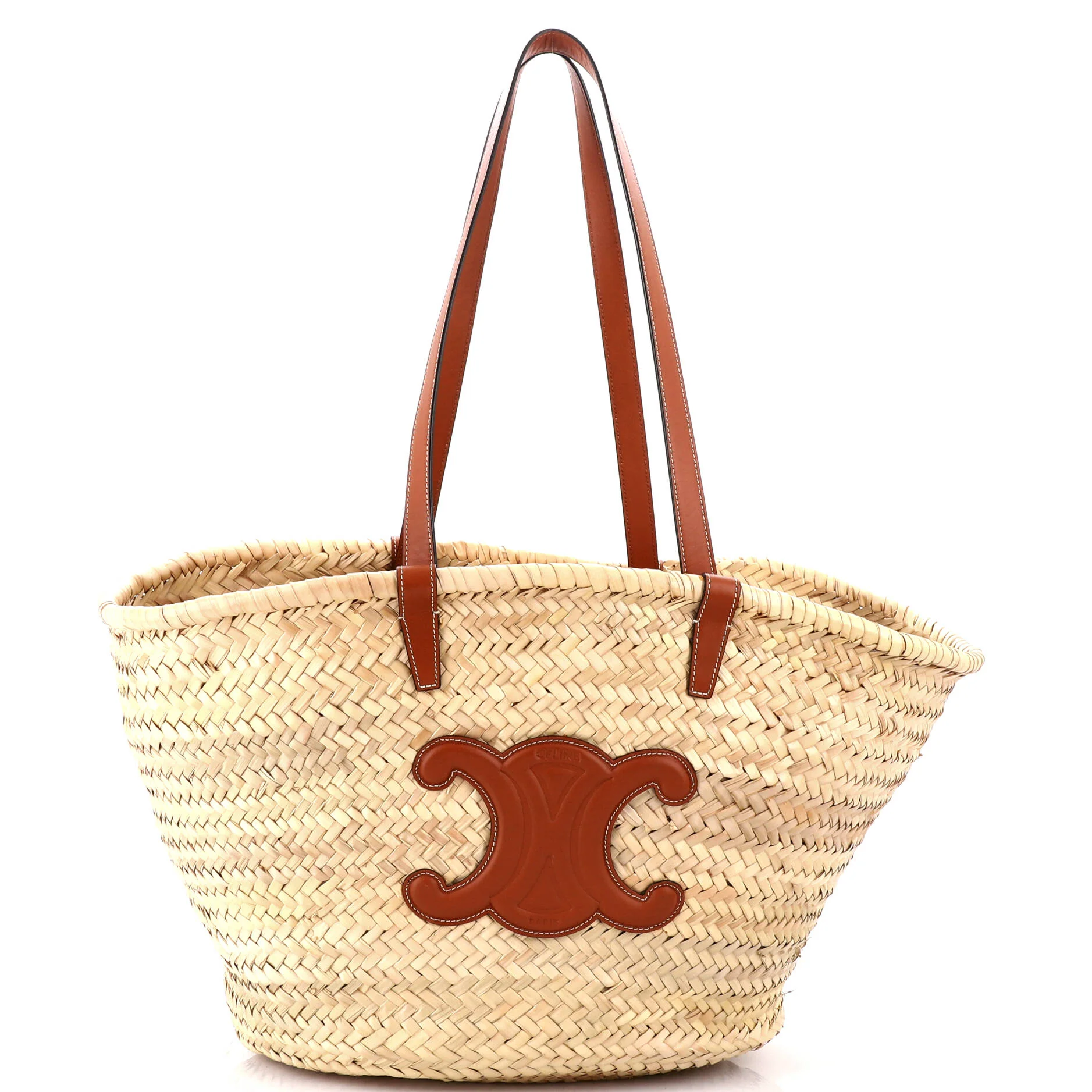 Triomphe Basket Shoulder Bag Raffia with Leather Large