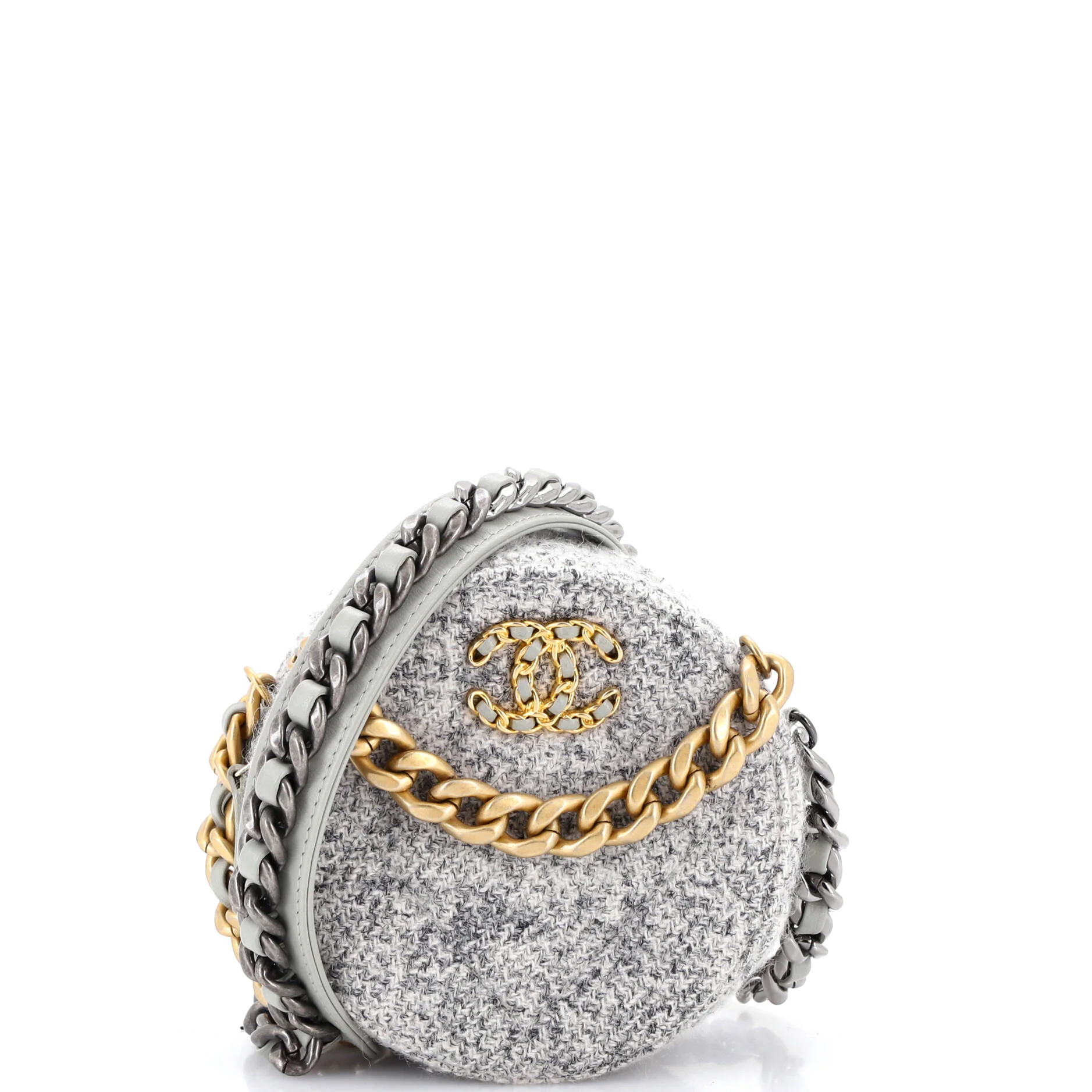 19 Round Clutch with Chain Quilted Tweed