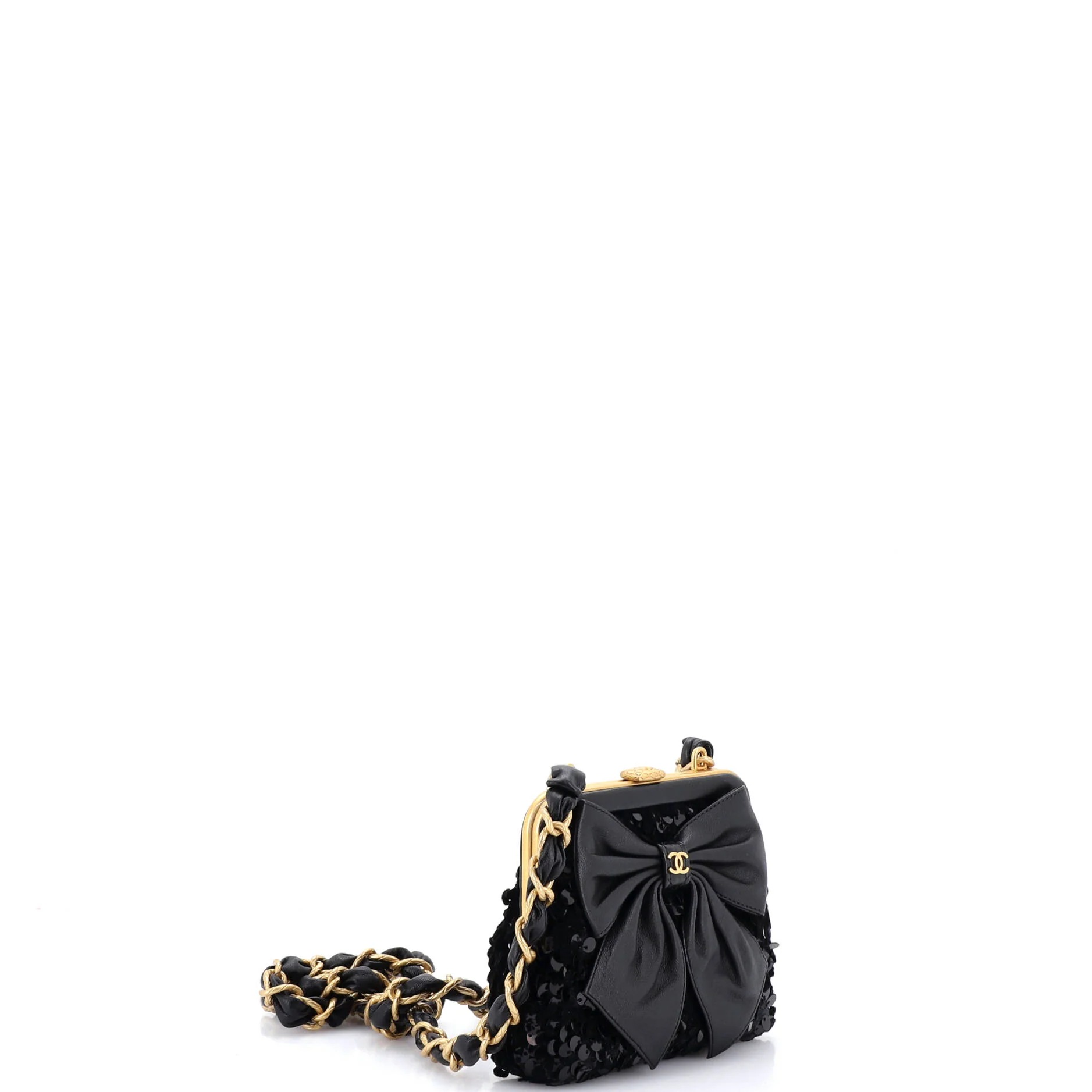 Bow Frame Clutch With Chain Sequin Embellished Tweed with Leather Mini - Image 2
