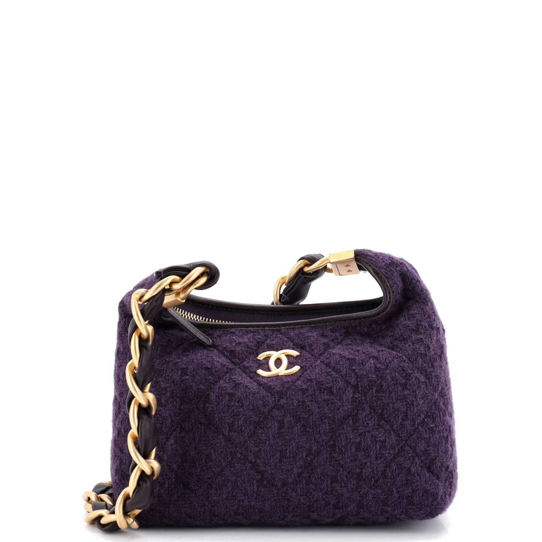CC Chunky Chain Zip Hobo Quilted Tweed and Lambskin Small