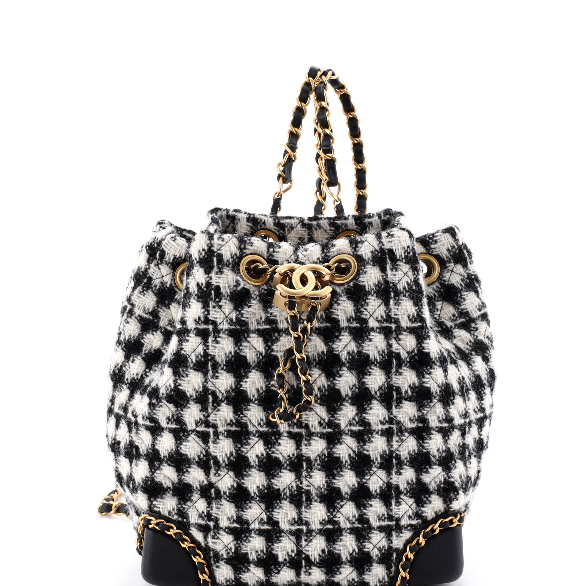 Chained Drawstring CC Bucket Backpack Quilted Houndstooth Tweed Small