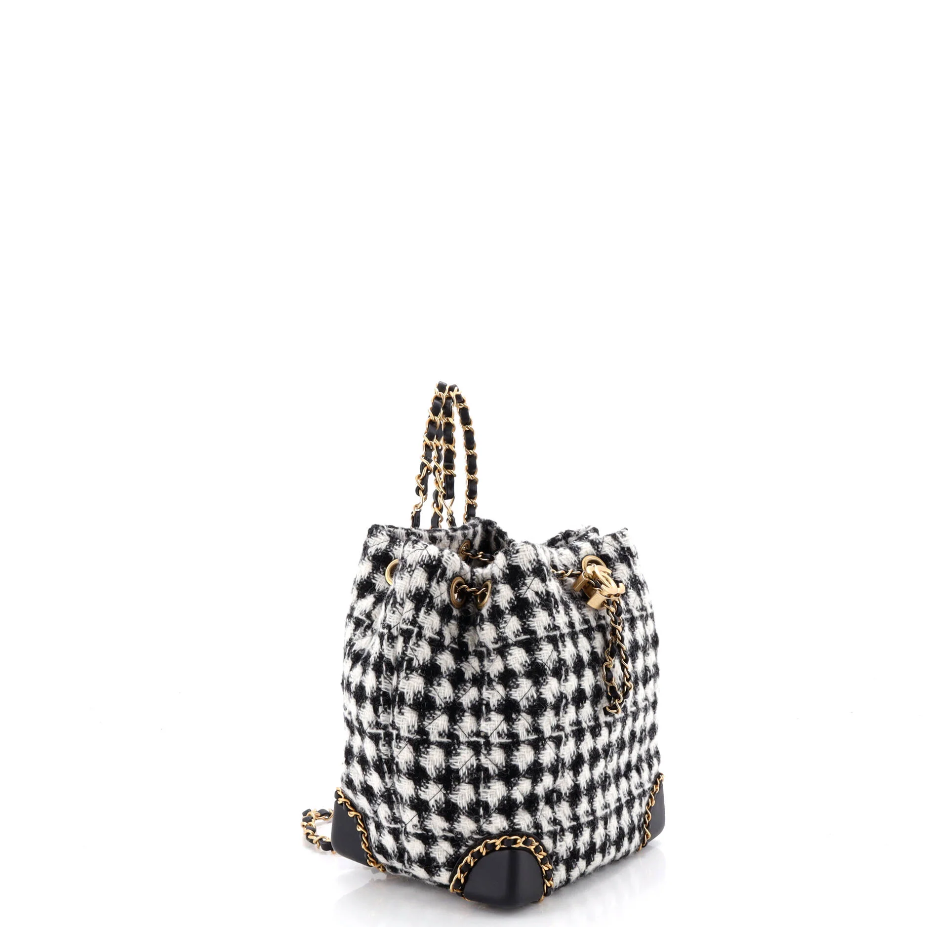 Chained Drawstring CC Bucket Backpack Quilted Houndstooth Tweed Small - Image 2
