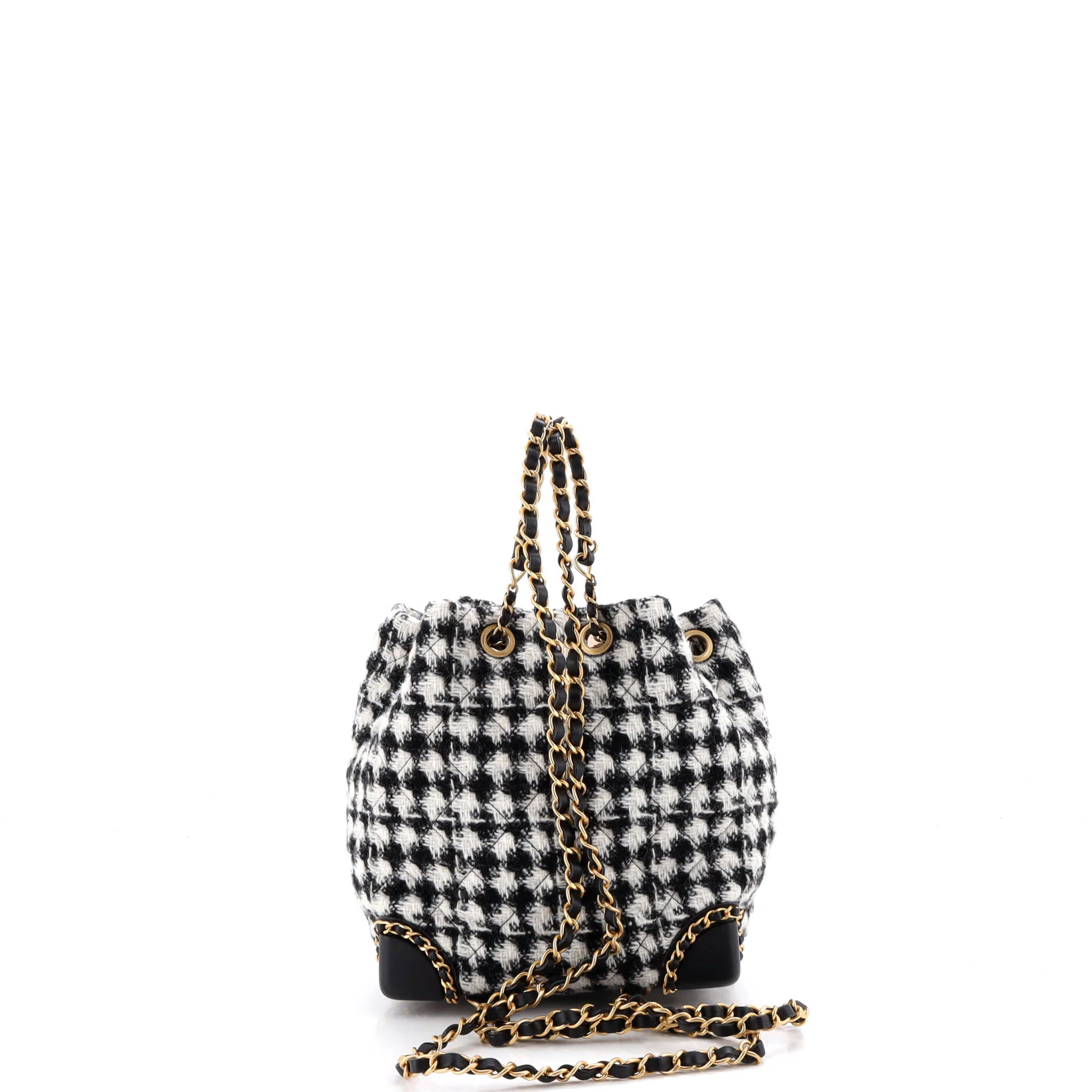 Chained Drawstring CC Bucket Backpack Quilted Houndstooth Tweed Small - Image 3