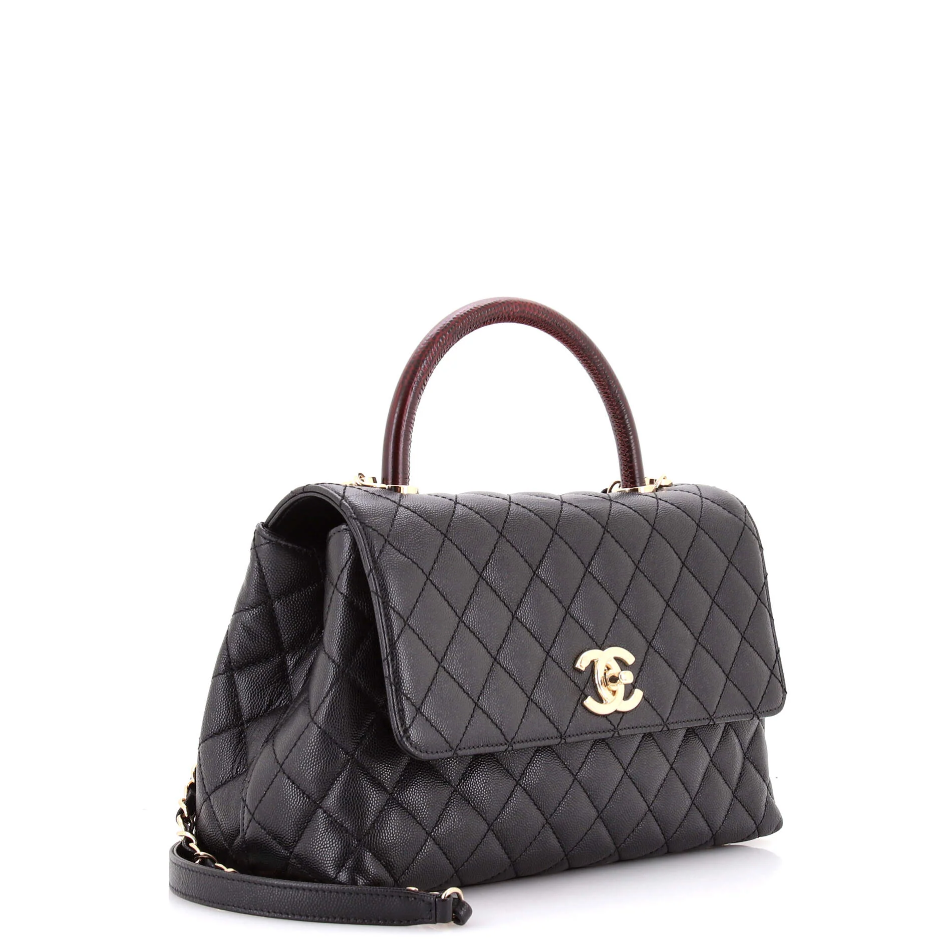Coco Top Handle Bag Quilted Caviar with Lizard Embossed Handle Small - Image 2