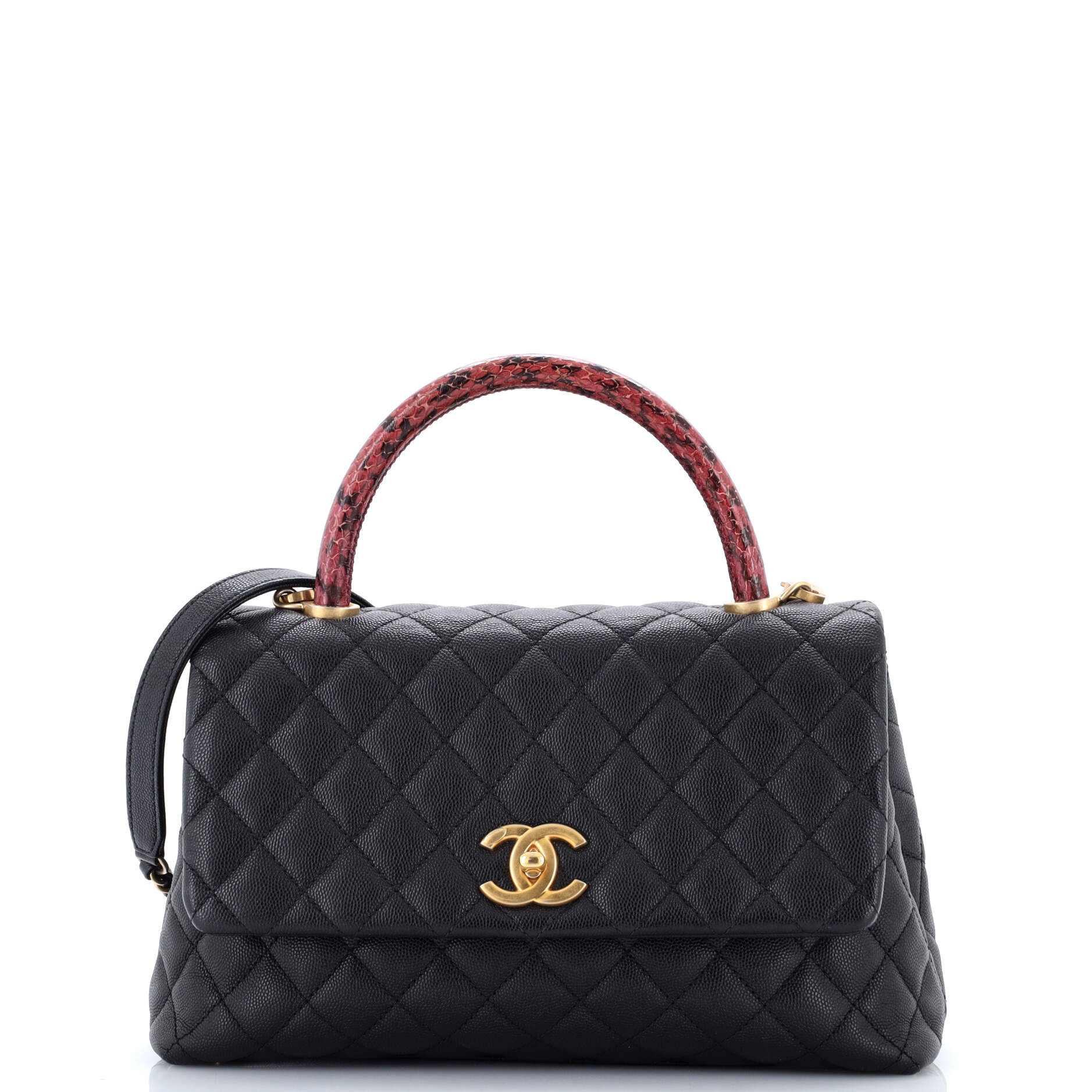 Coco Top Handle Bag Quilted Caviar with Snakeskin Small