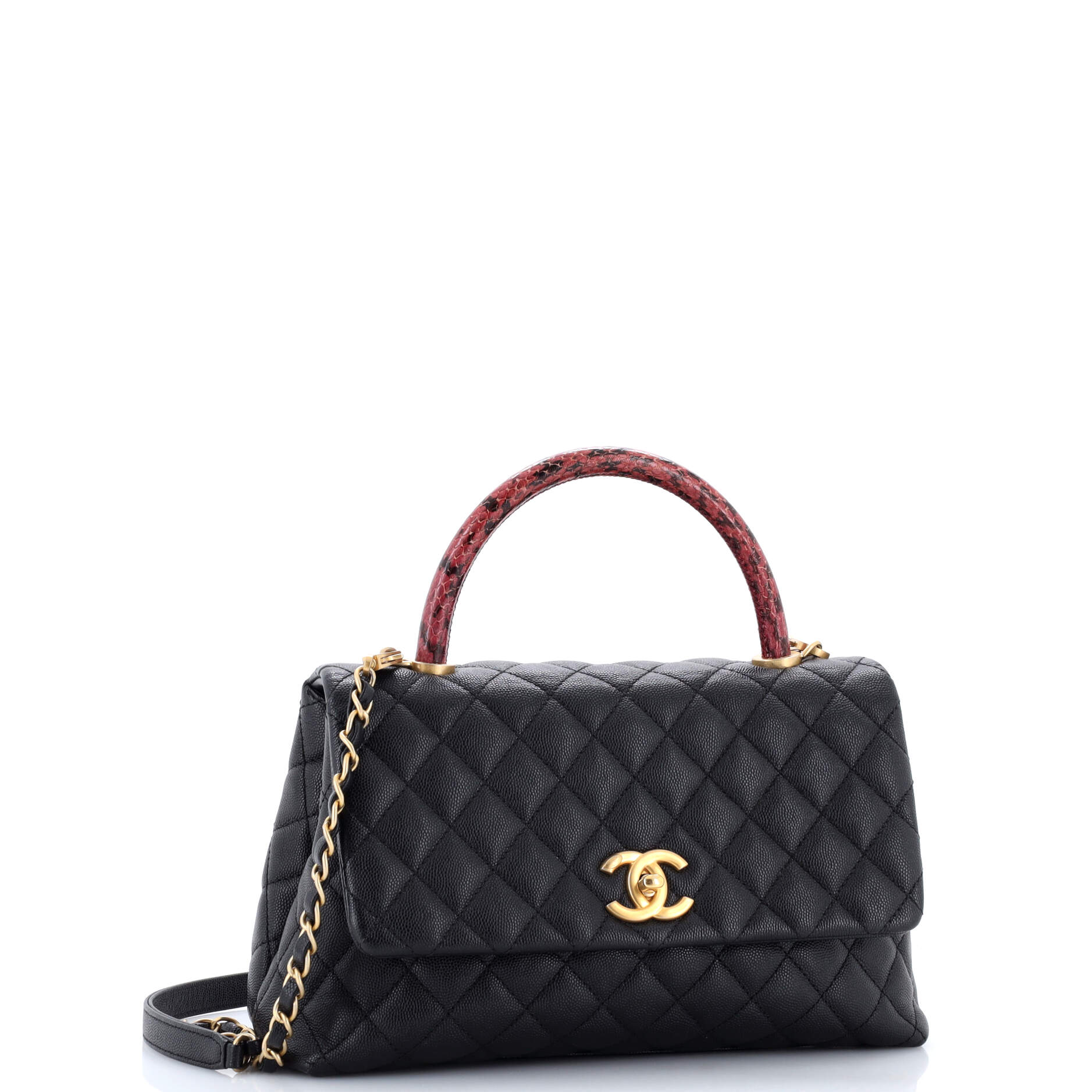 Coco Top Handle Bag Quilted Caviar with Snakeskin Small - Image 2