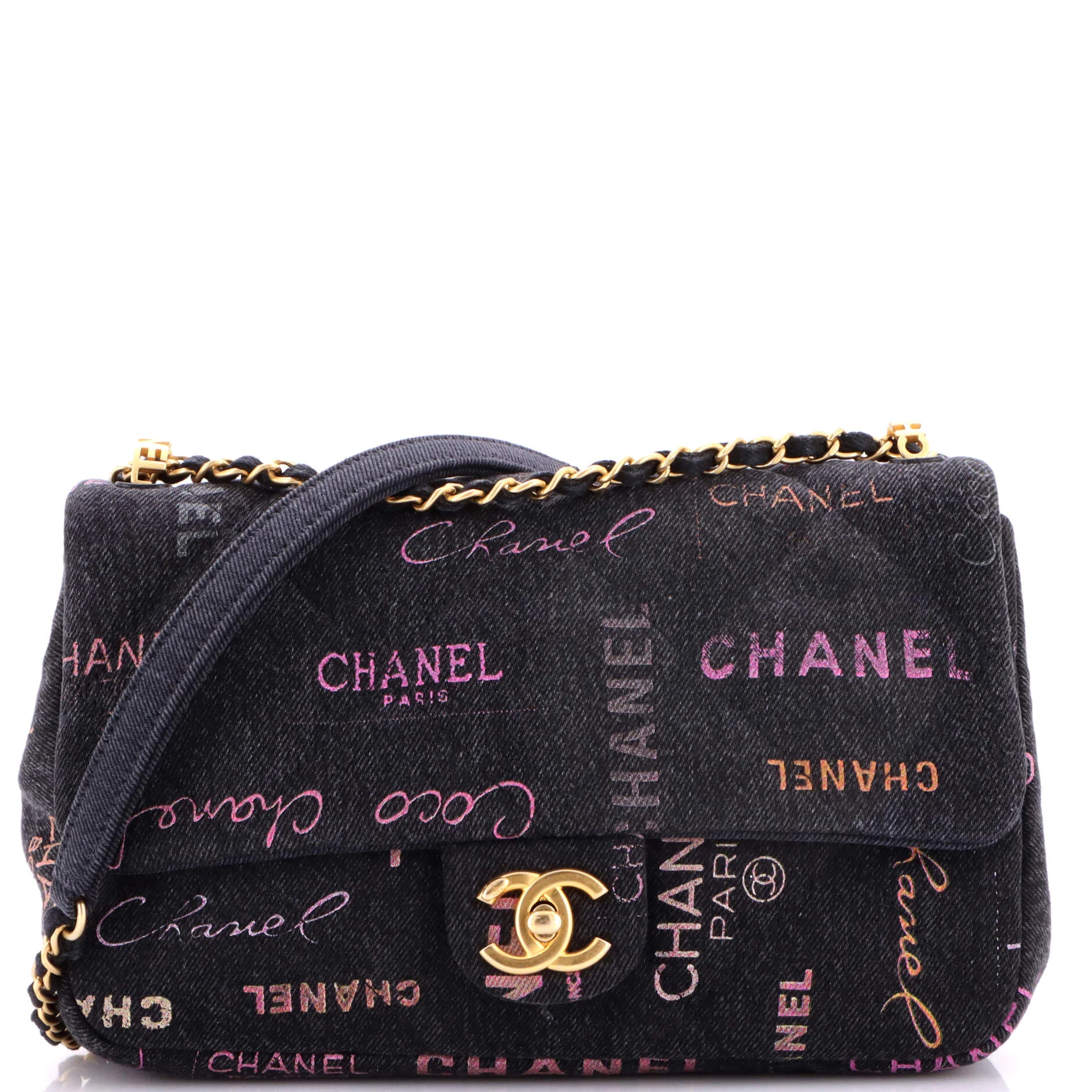 Denim Mood Flap Bag Logo Printed Quilted Denim Large
