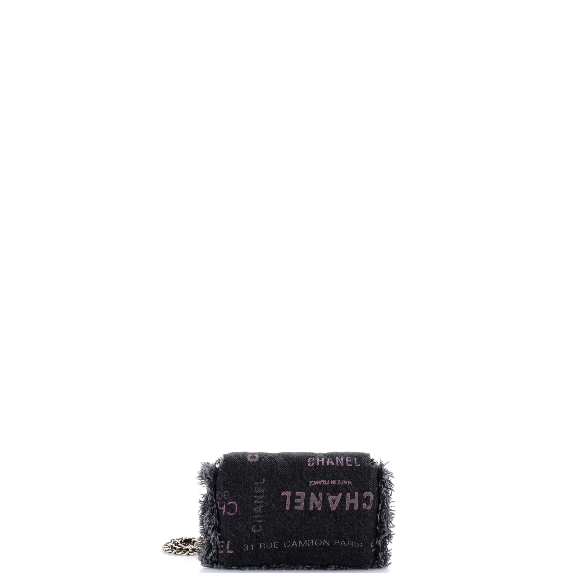 Denim Mood Flap Clutch with Chain Logo Printed Quilted Fringe Denim - Image 3