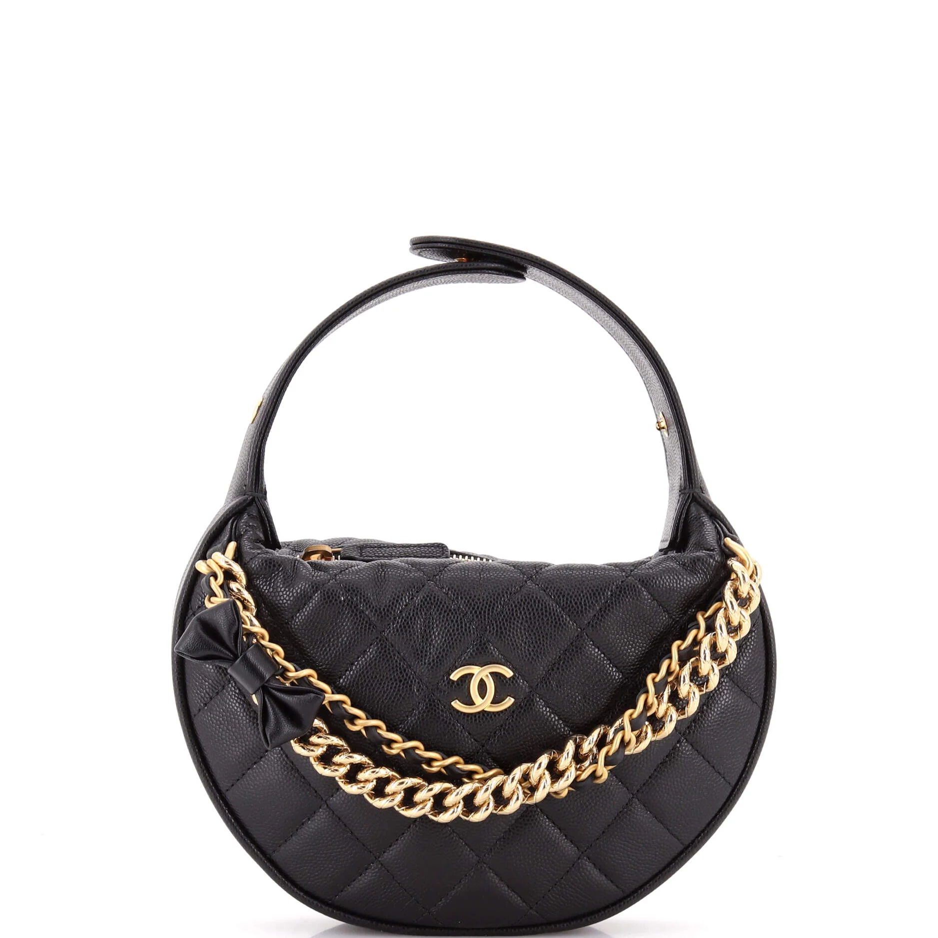 Double Chain Bow Hobo Pouch Quilted Caviar Mini