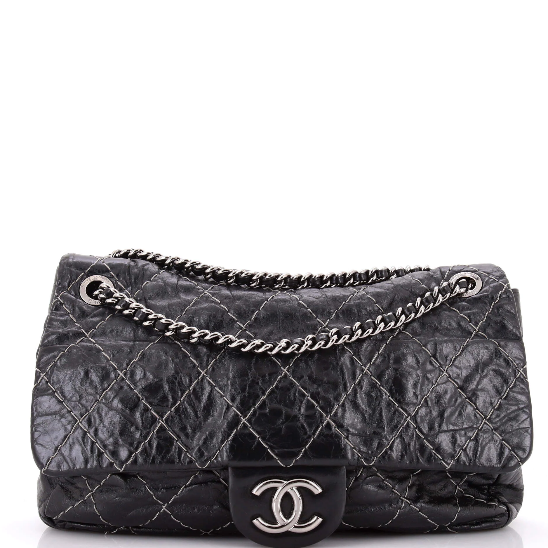 Double Stitch Flap Bag Quilted Glazed Calfskin Large