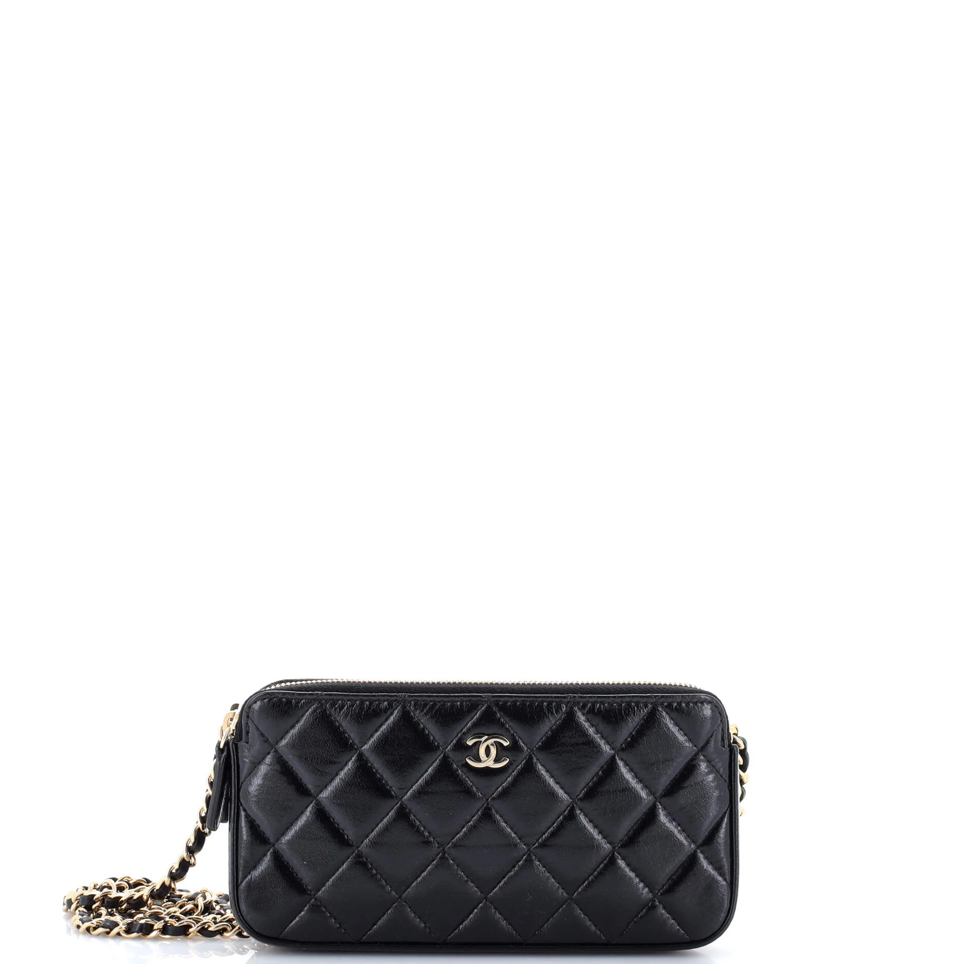 Double Zip Clutch with Chain Quilted Shiny Lambskin