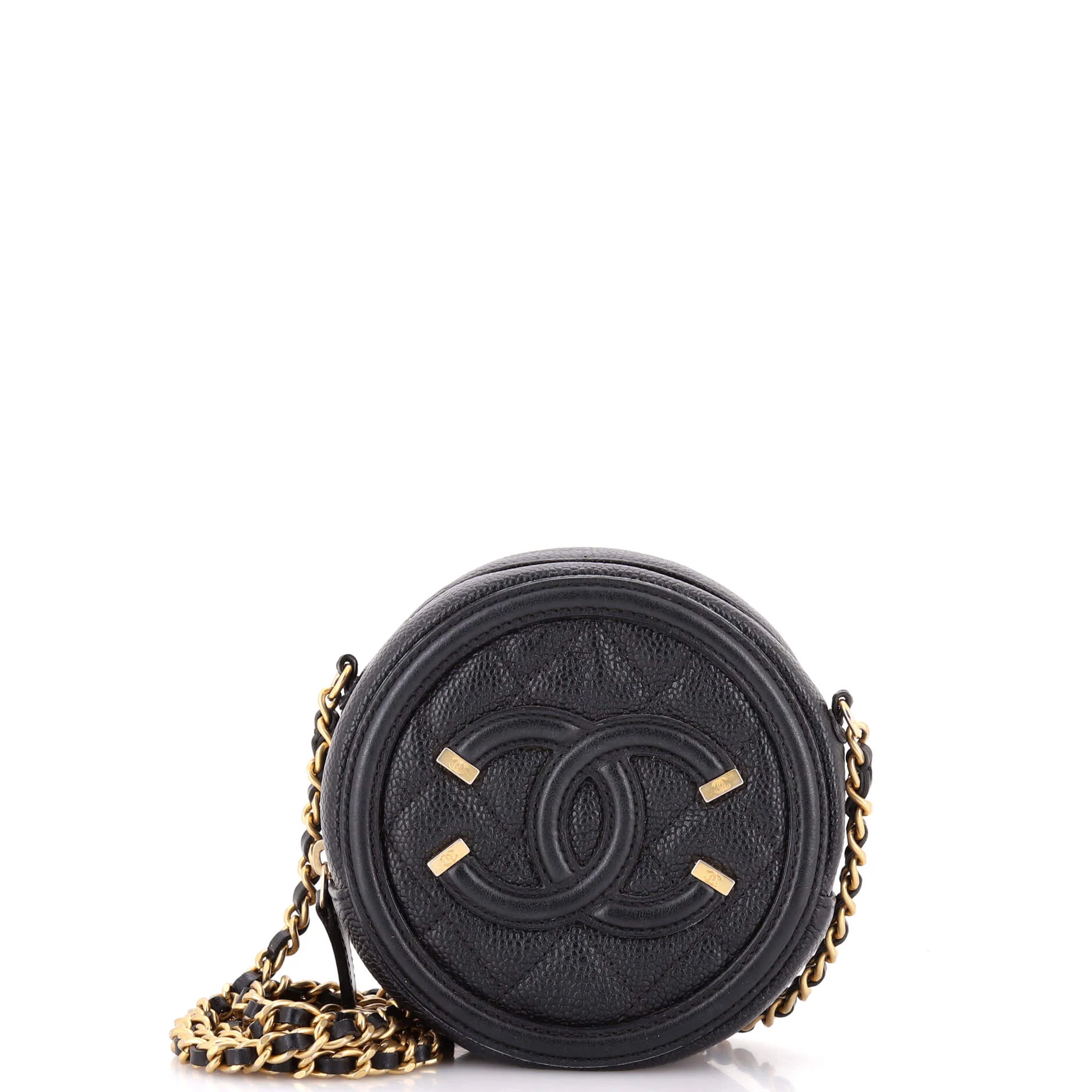 Filigree Round Clutch with Chain Quilted Caviar Mini