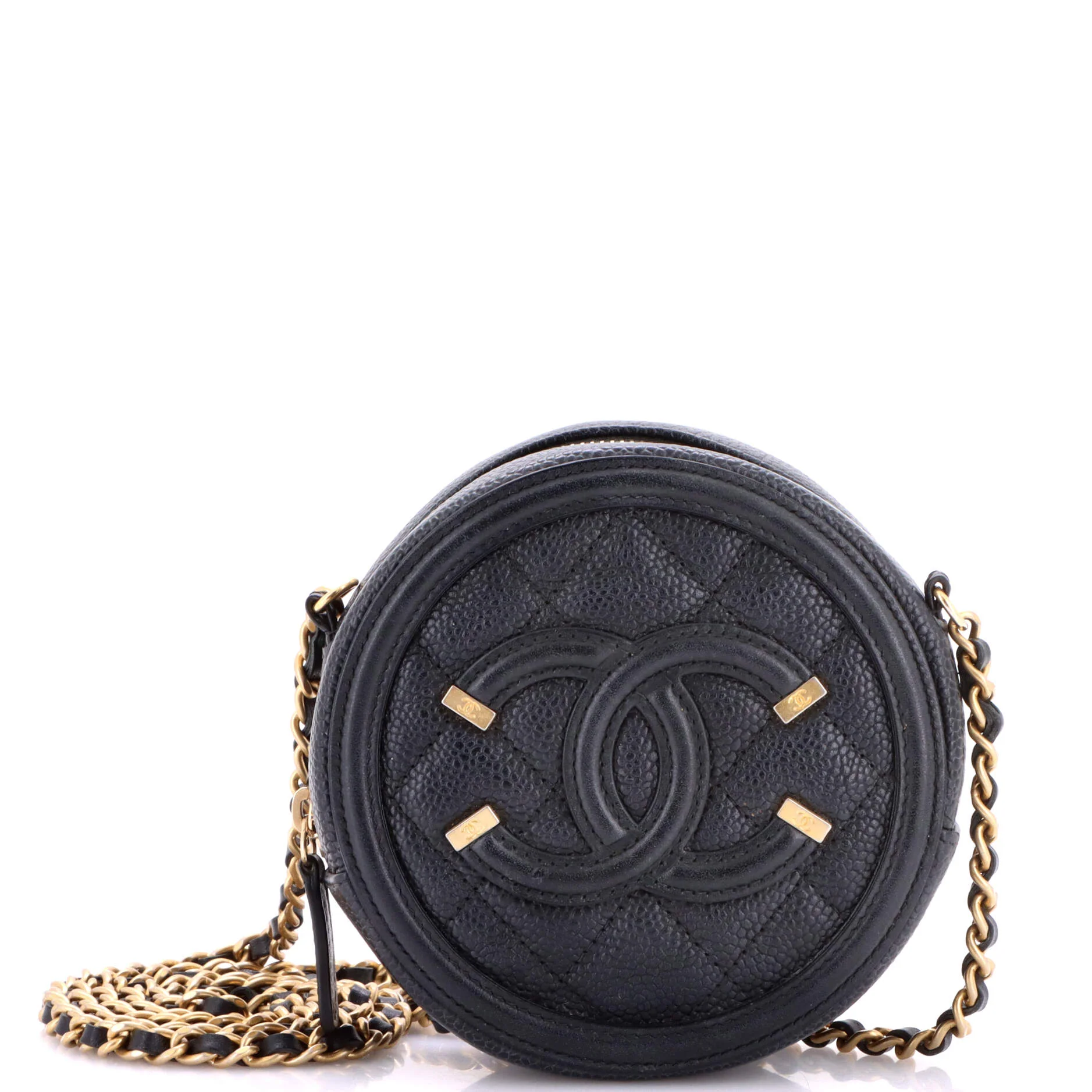 Filigree Round Clutch with Chain Quilted Caviar Mini