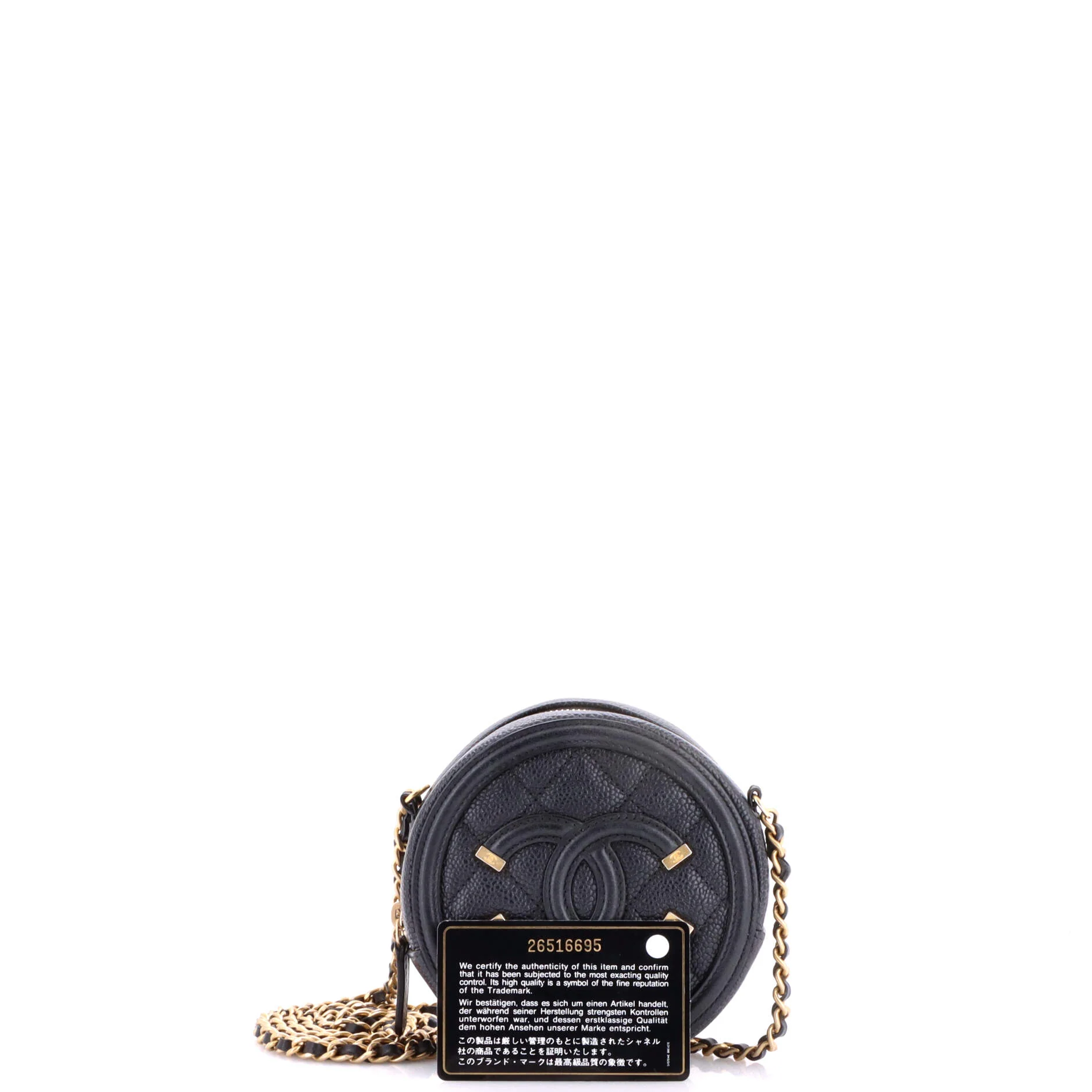 Filigree Round Clutch with Chain Quilted Caviar Mini - Image 2
